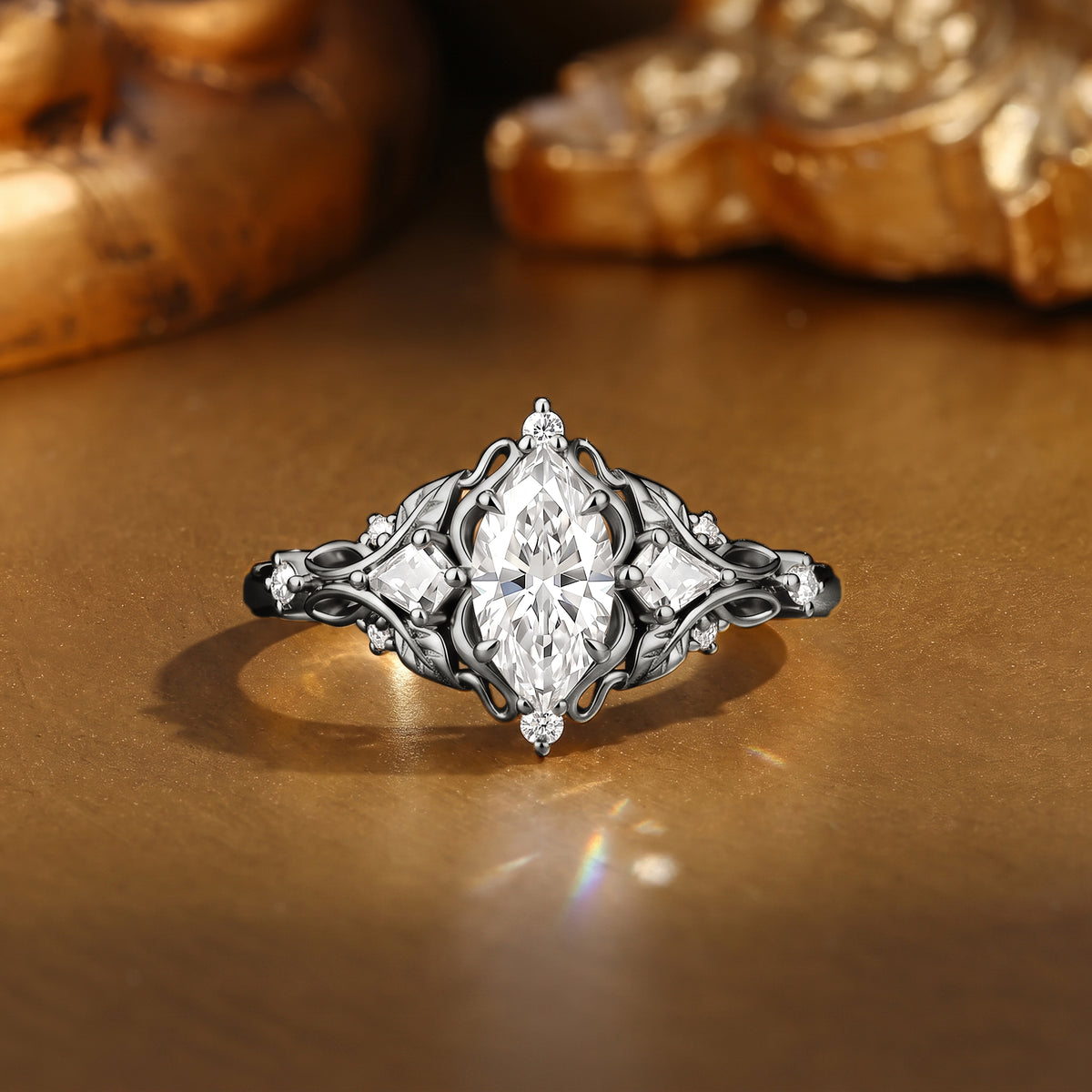 Nature Inspired Marquise Cut Moissanite Unique Leafy Engagement Ring - Nell