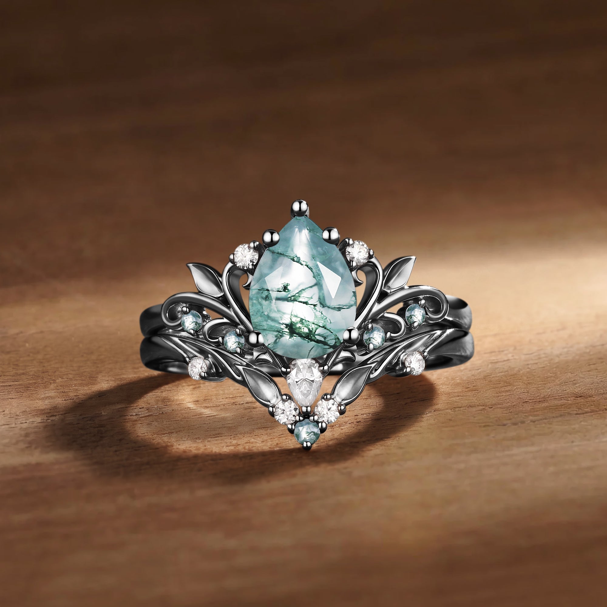 Radiant Fairy Pear Cut Moss Agate Leafy Bridal Set 2pcs - Liliosa