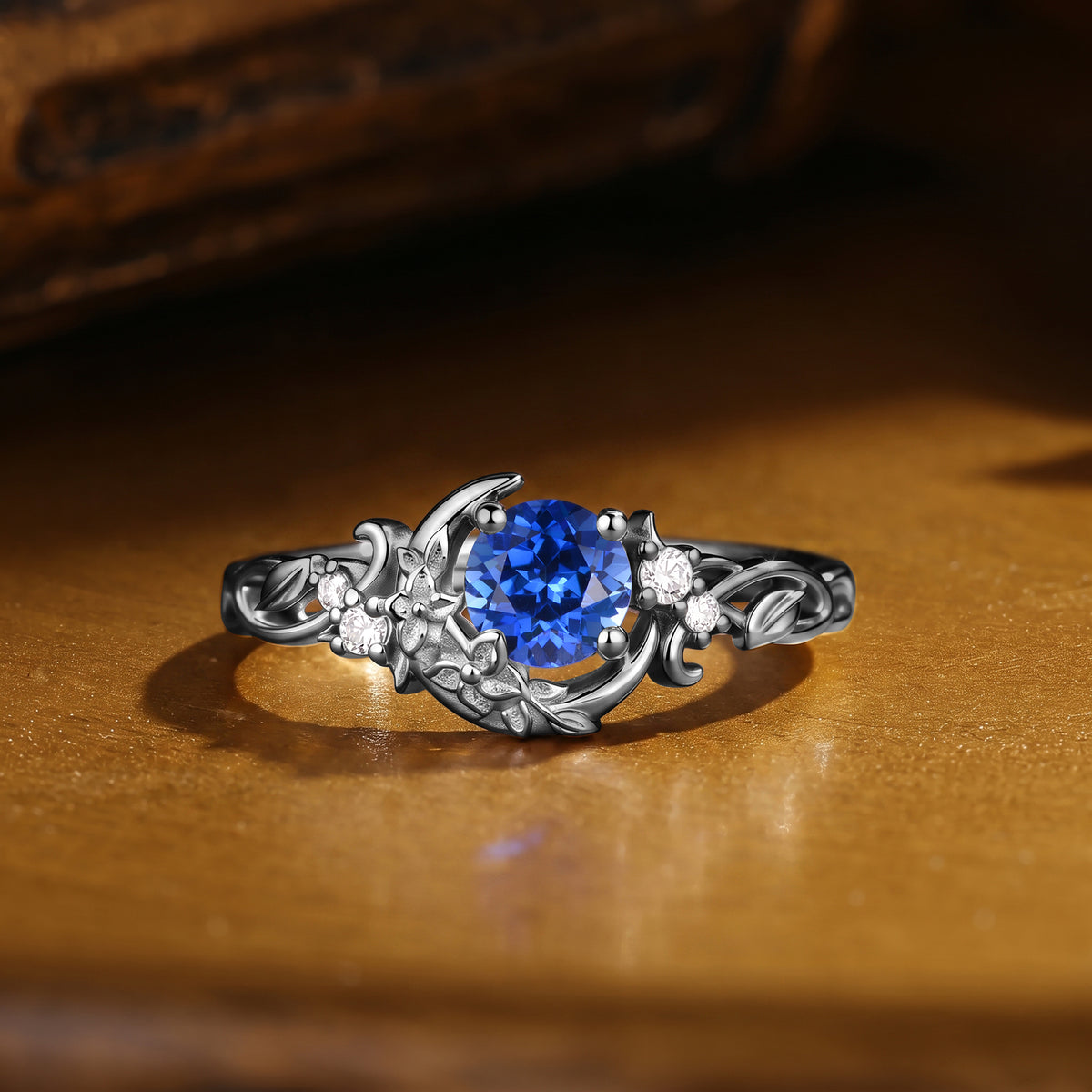 Leafy Flower & Crescent Moon Round Cut Blue Sapphire Engagement Ring - Lyric