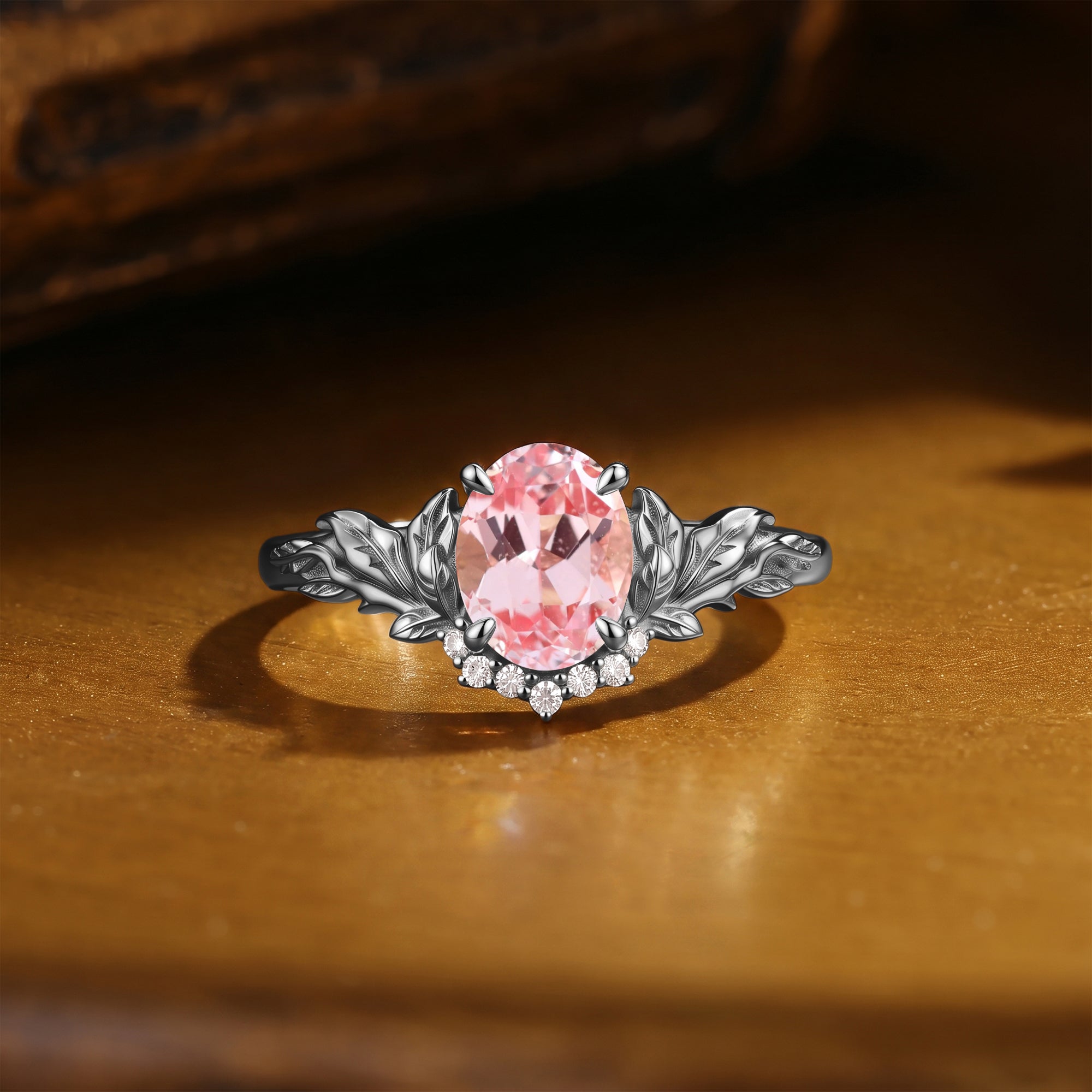 Oval Cut Padparadscha Sapphire Leafy Inspired Engagement Ring - Wendy