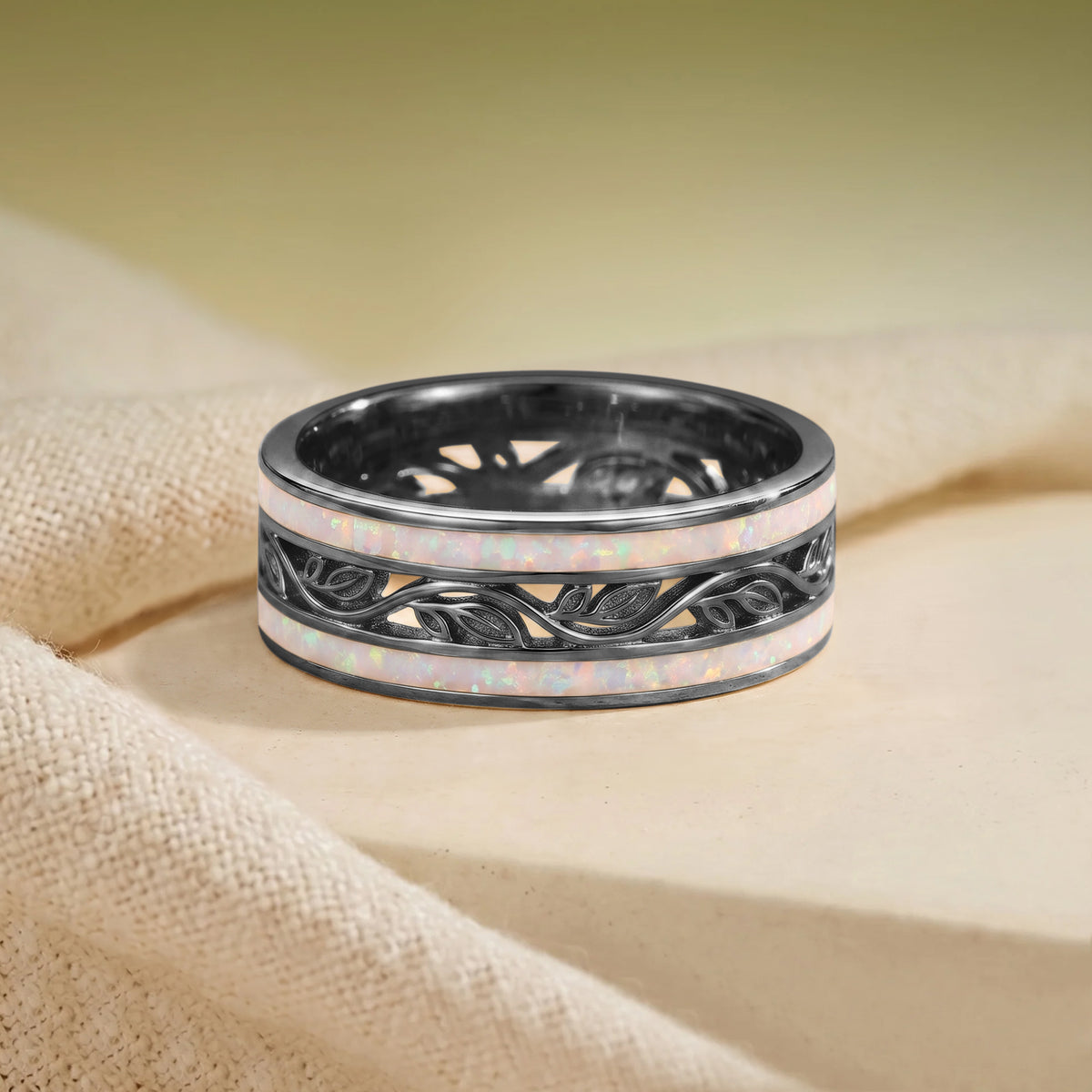 8MM Opal Leafy Branch Inspired Yellow Gold Men Rings