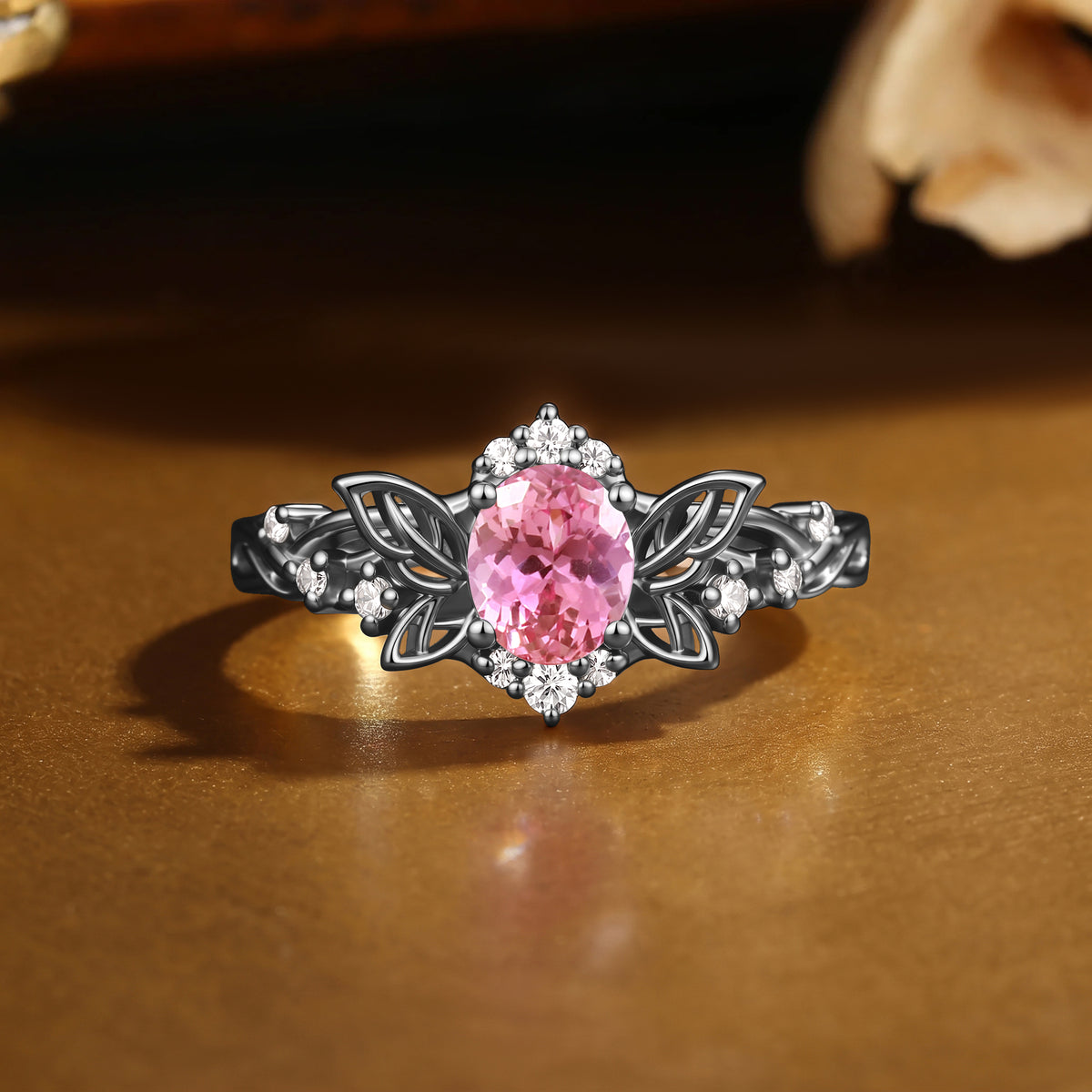 Butterfly Inspired Oval Cut Lab Pink Sapphire Leafy Fairytale Engagement Ring-Violette