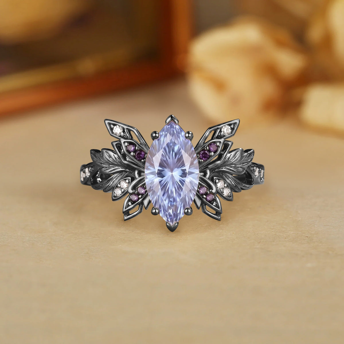 Butterfly Wing Forest Fairy Marquise Firework Cut Purple Sapphire Leafy Engagement Ring - Inara