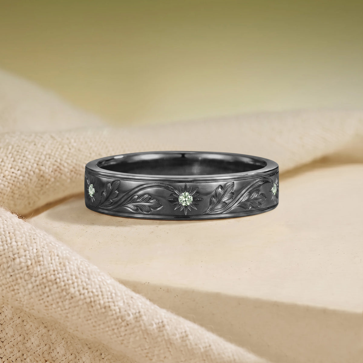Art Carved Green Sapphire Oak Leaf Inspired Anniversary Ring - Men Band