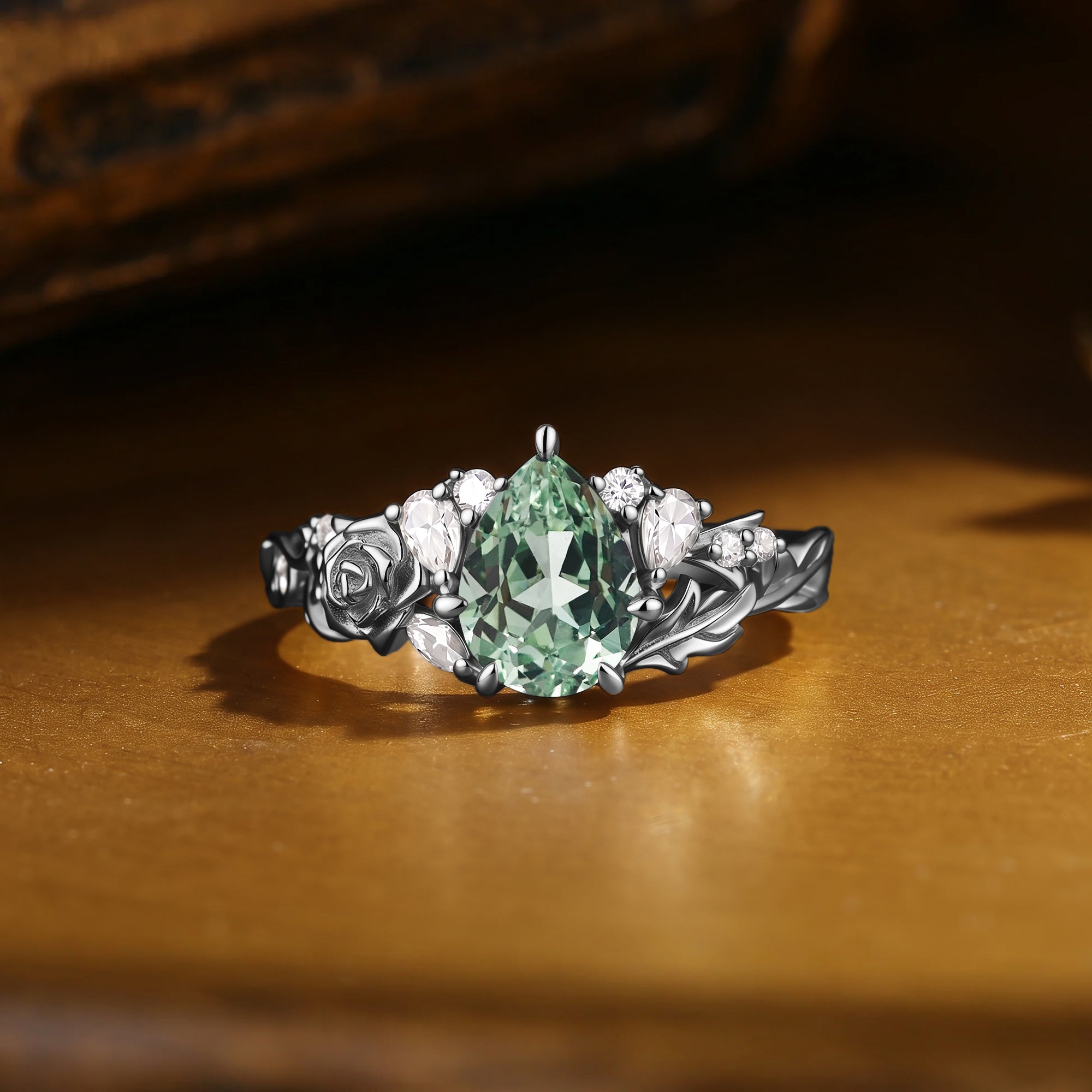 Pear Cut Lab Green Sapphire Rose Flower Leafy Engagement Ring - Ginger
