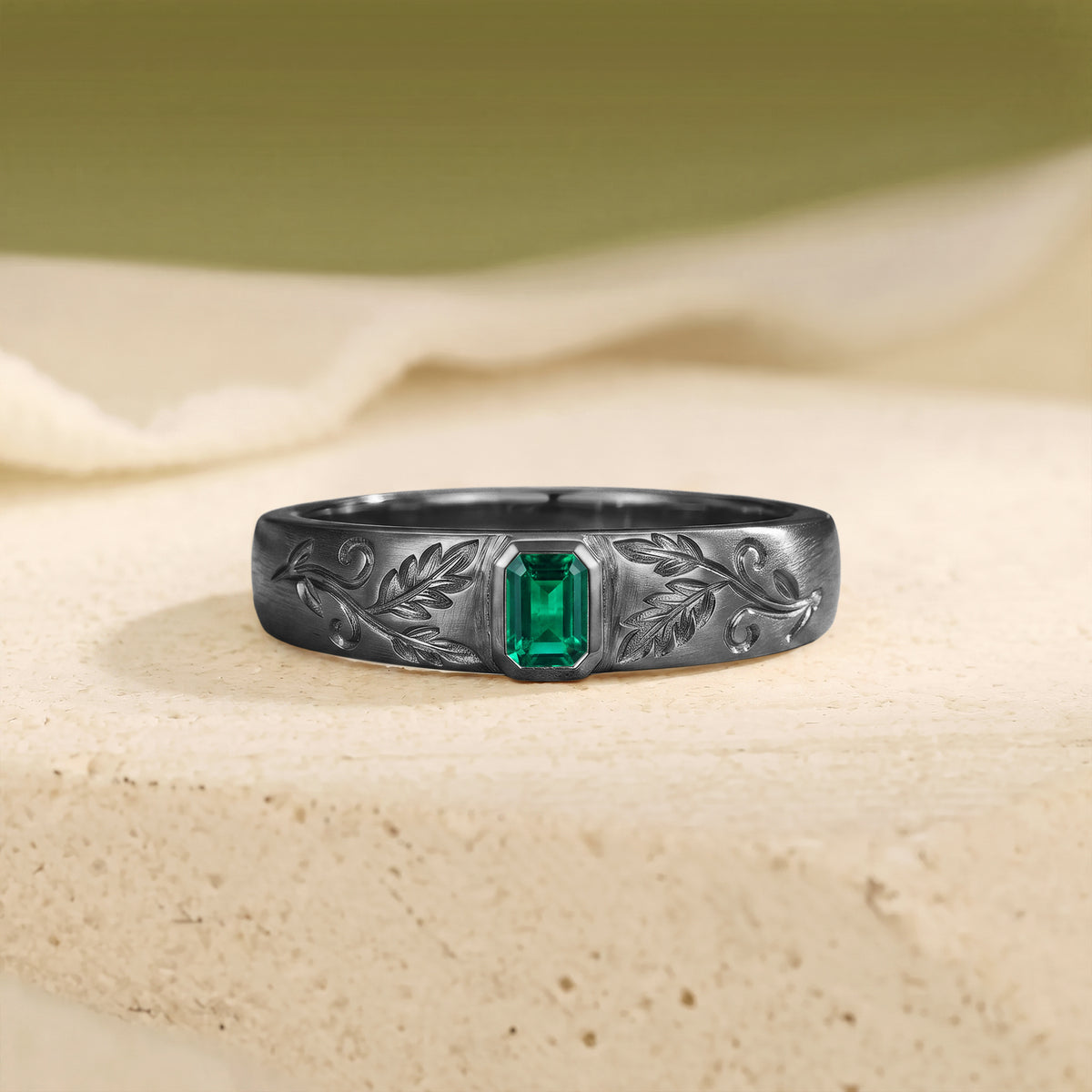 4MM Vintage Emerald Cut Emerald Leaf Vine Hand Engraved Men's Ring