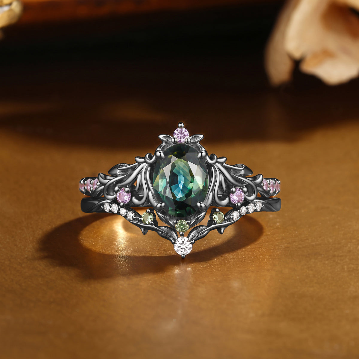 Leafy Oval Cut Natural Teal Sapphire Filigree Engagement Ring Set 2pcs - Calla
