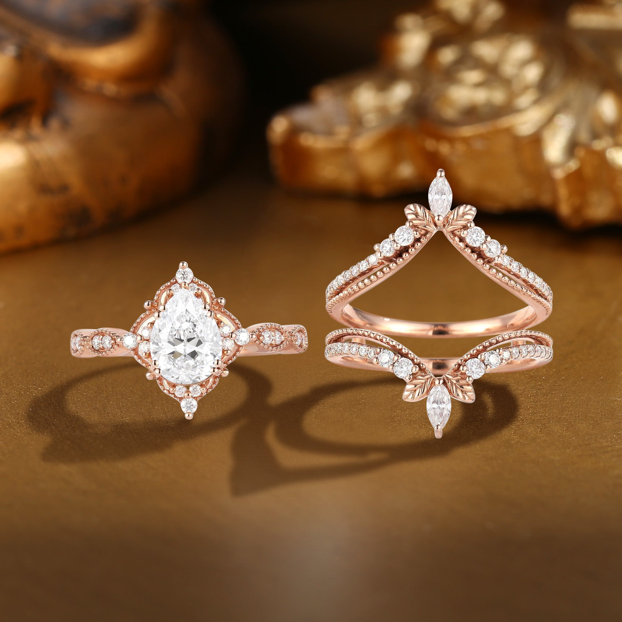 Sibylla - Pear Cut  Lab Grown Diamond Flower Royalcore Vintage Engagement Ring Set 2Pcs