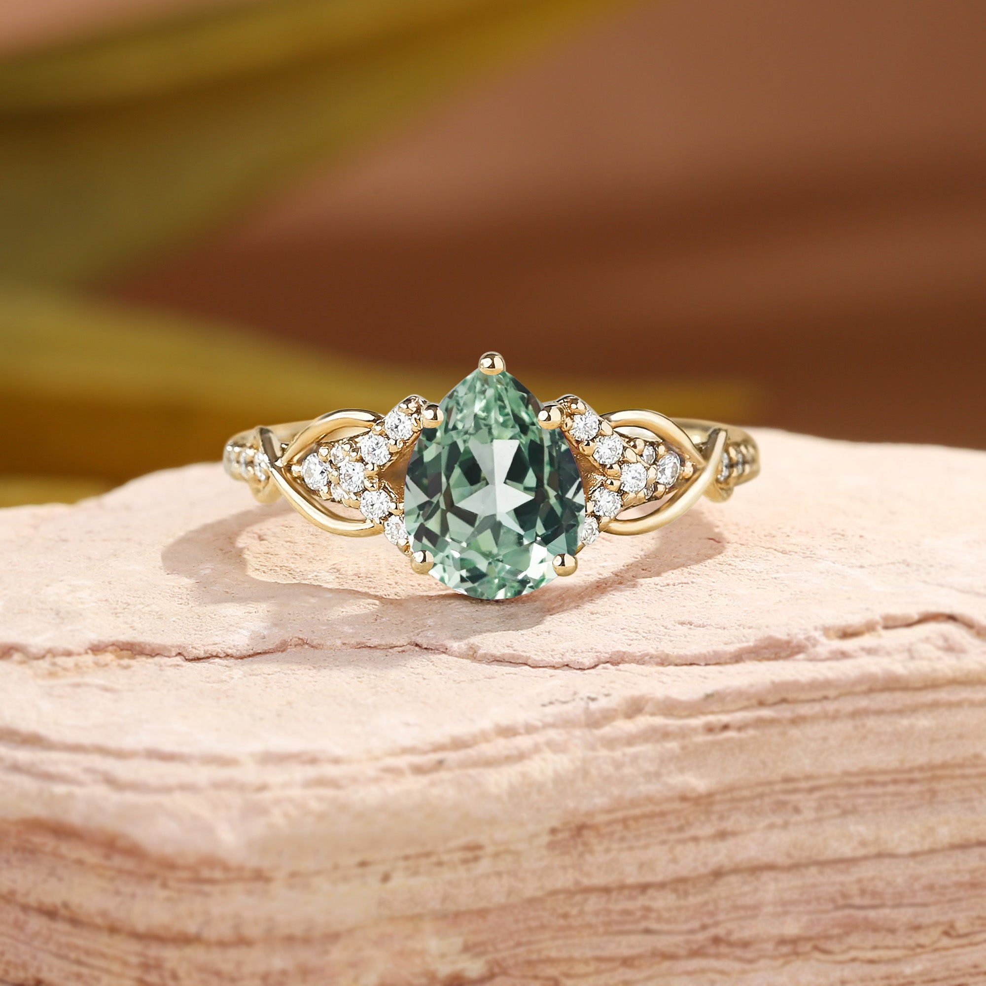 Tess - Vintage Pear Cut Pear Green Sapphire Twist Engagement Ring
