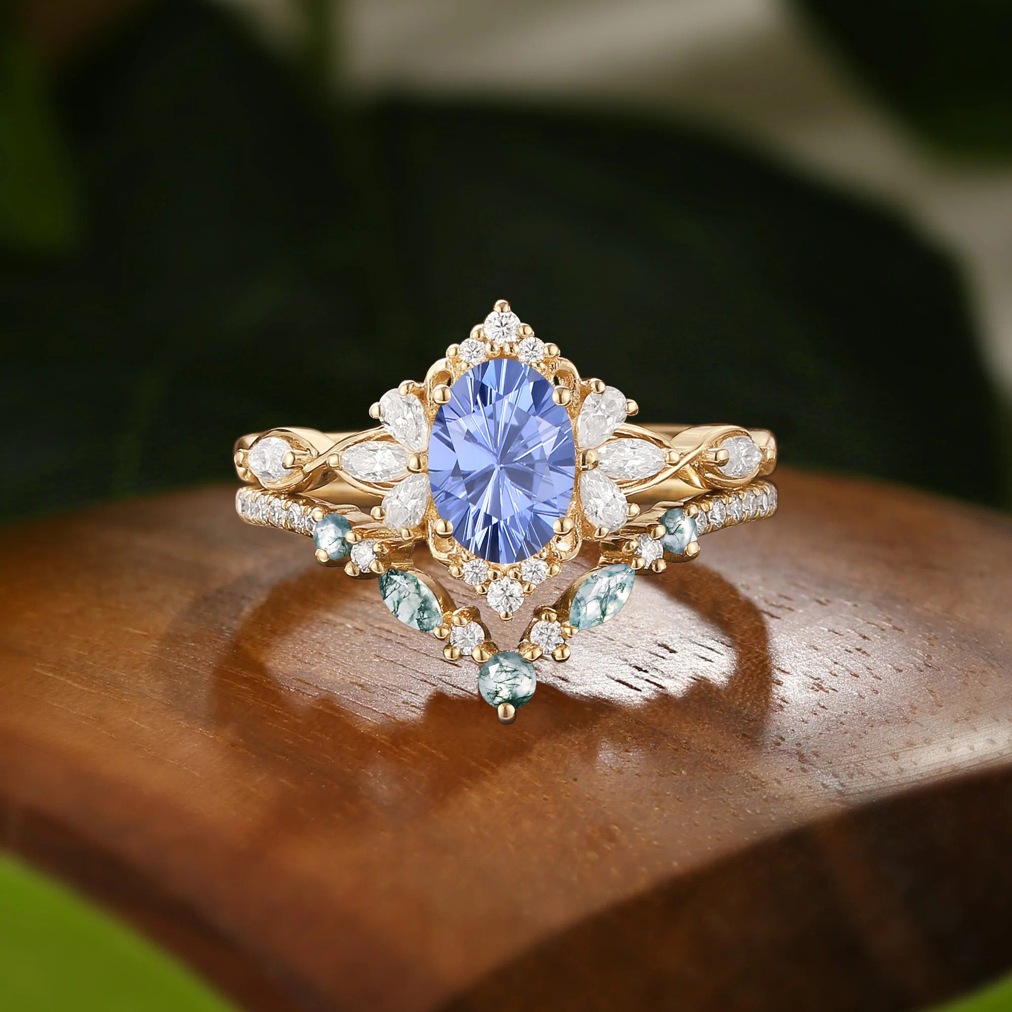 Halo Oval Firework Cut Cornflower Blue Sapphire Twist Fairy Bridal Sets 2pcs - Florentina