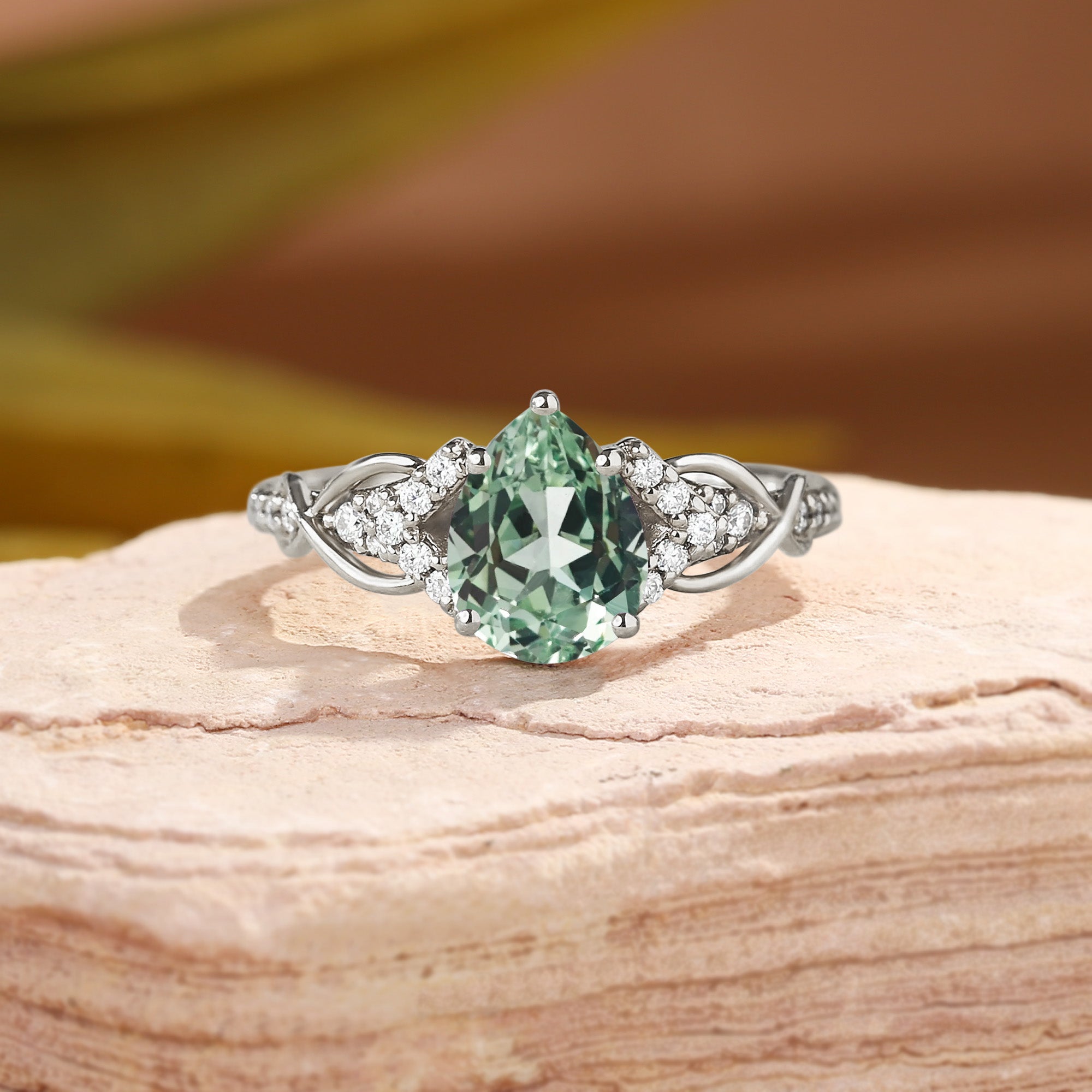 Tess - Vintage Pear Cut Pear Green Sapphire Twist Engagement Ring