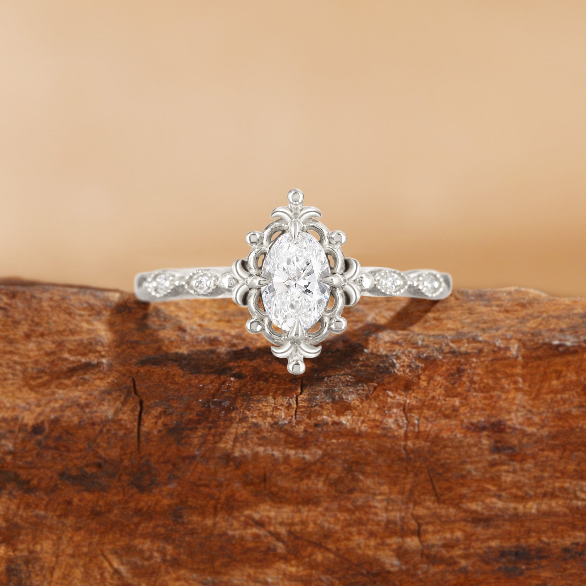 Florence - Filigree Oval Cut Lab Grown Diamond Flower Engagement Ring