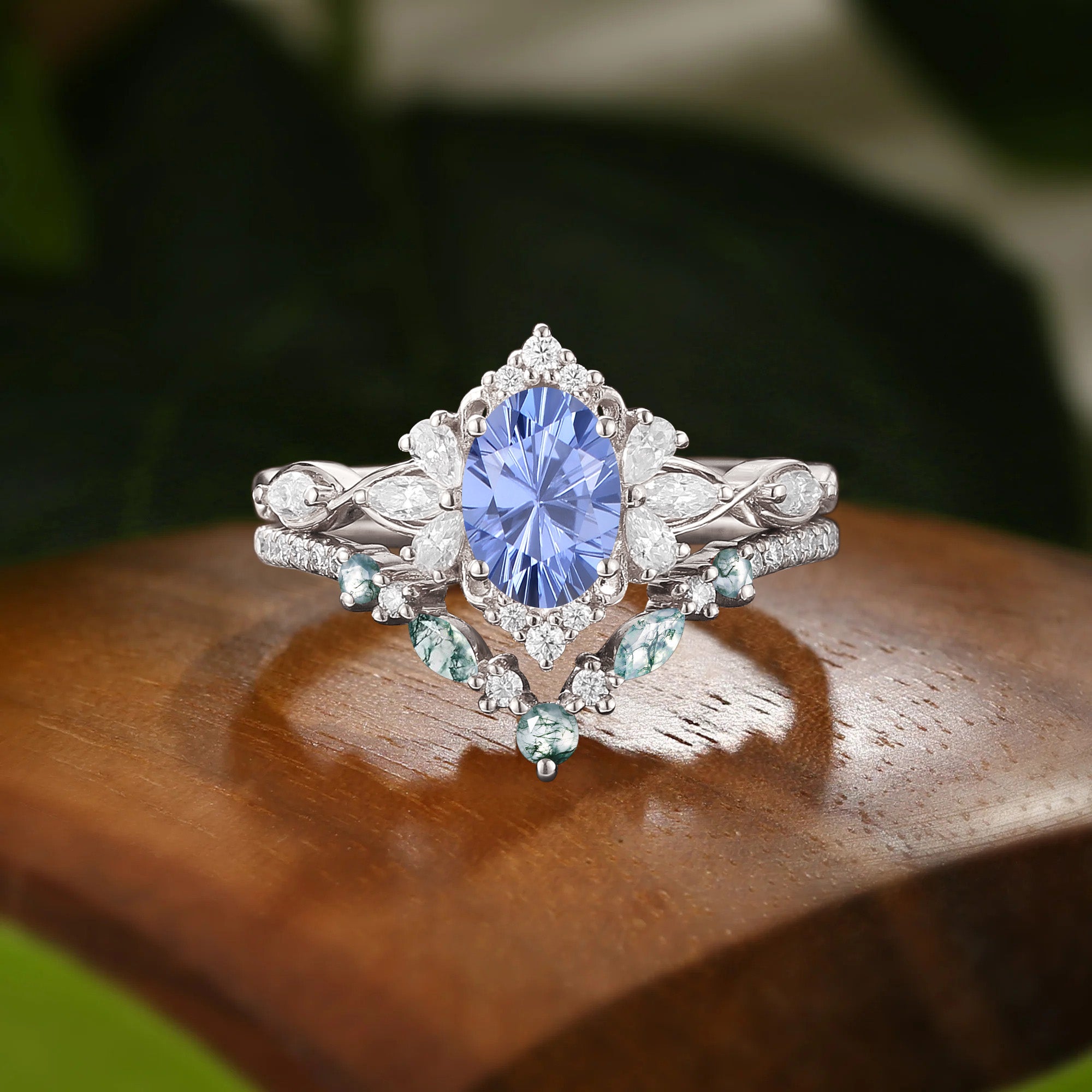 Halo Oval Firework Cut Cornflower Blue Sapphire Twist Fairy Bridal Sets 2pcs - Florentina