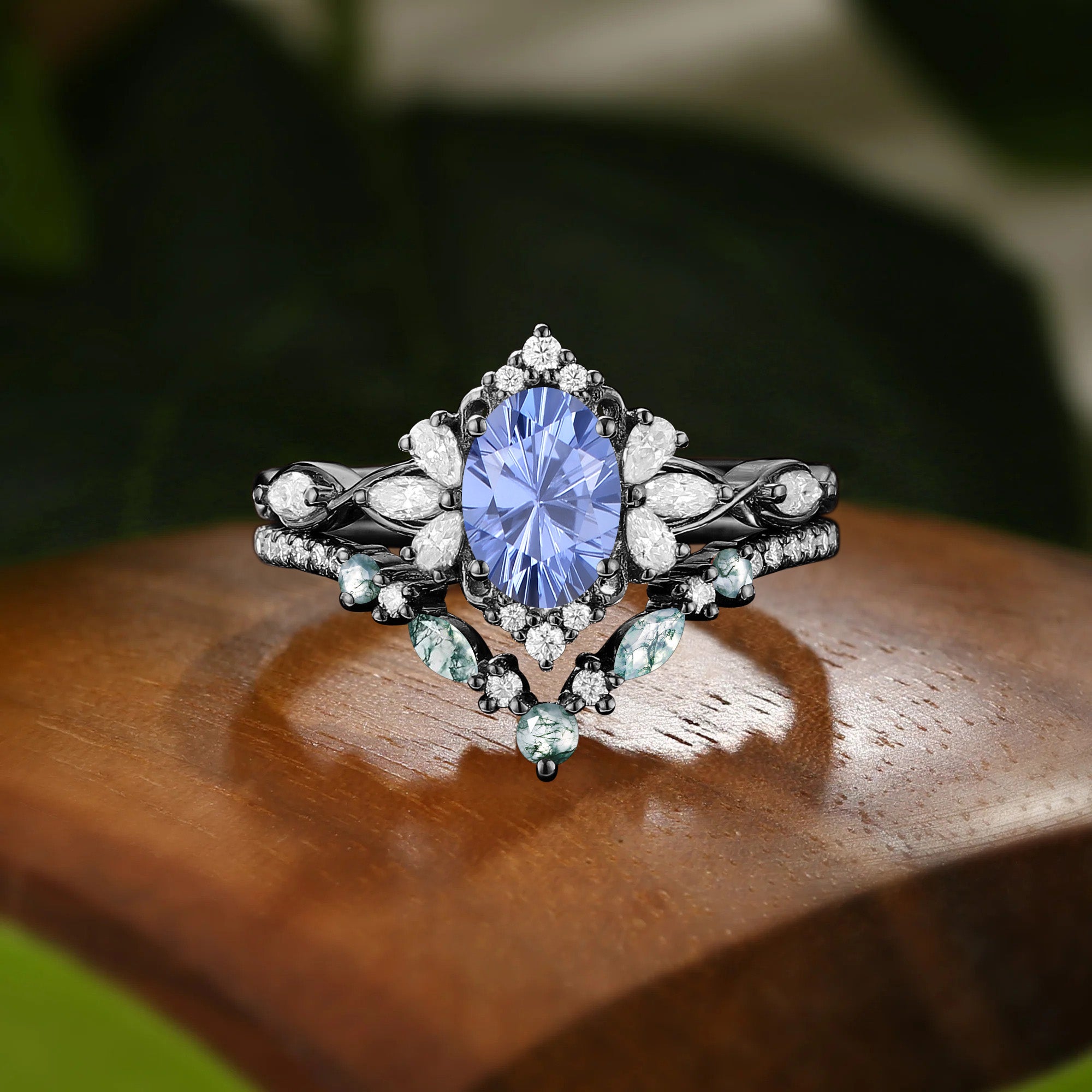 Halo Oval Firework Cut Cornflower Blue Sapphire Twist Fairy Bridal Sets 2pcs - Florentina