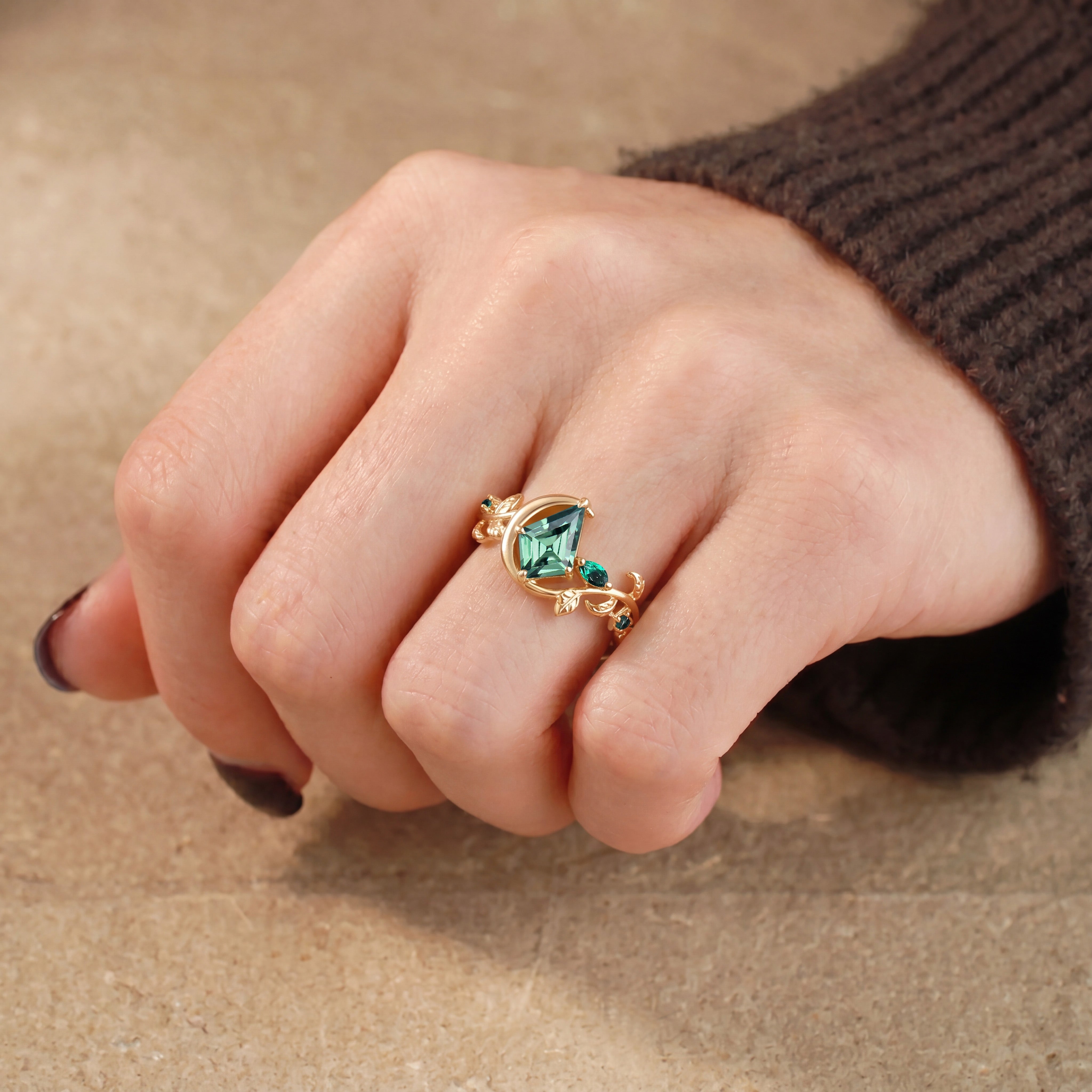 1.5CT Kite Cut Lab Green Sapphire Crescent Moon & Leaf Engagement Ring - Helene