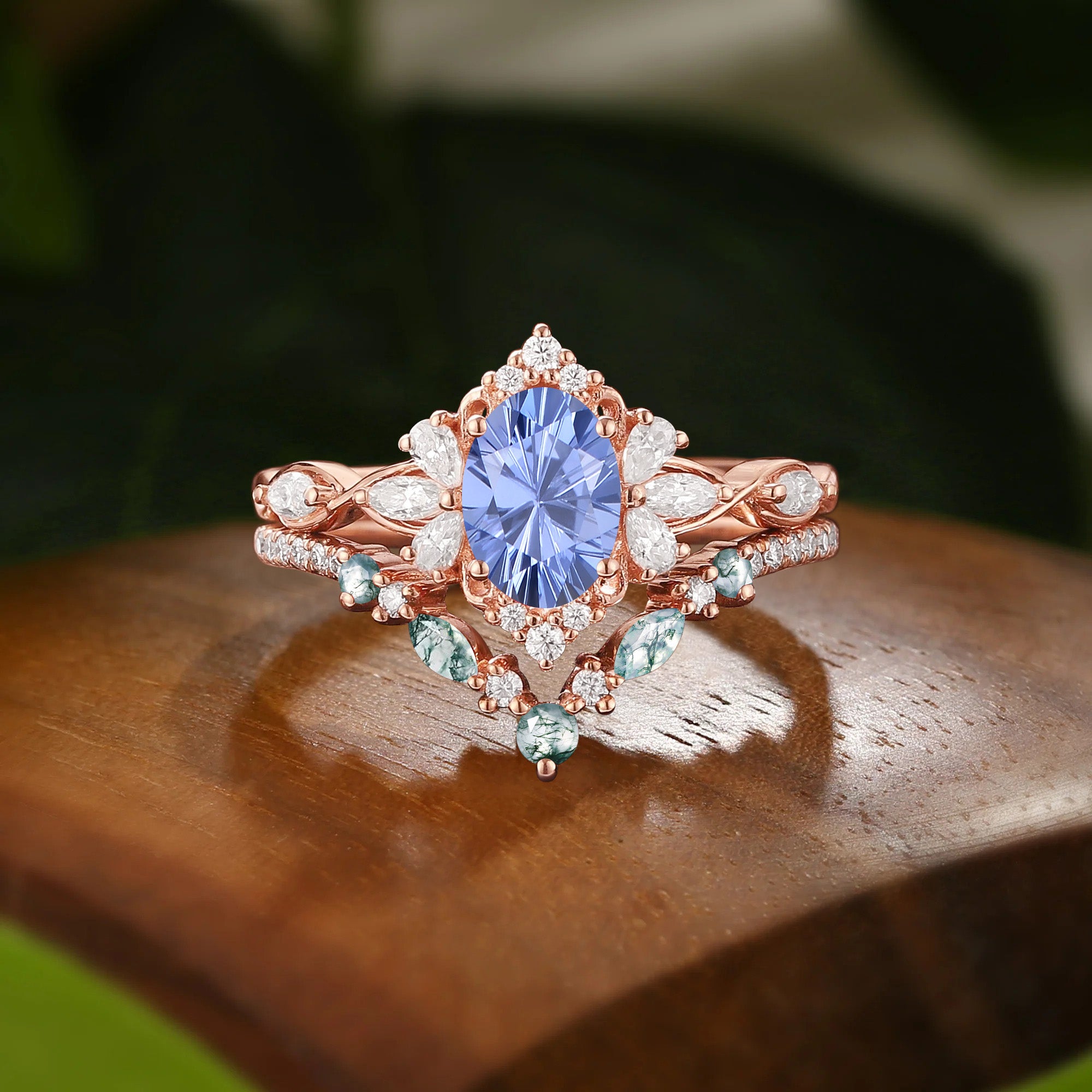 Halo Oval Firework Cut Cornflower Blue Sapphire Twist Fairy Bridal Sets 2pcs - Florentina