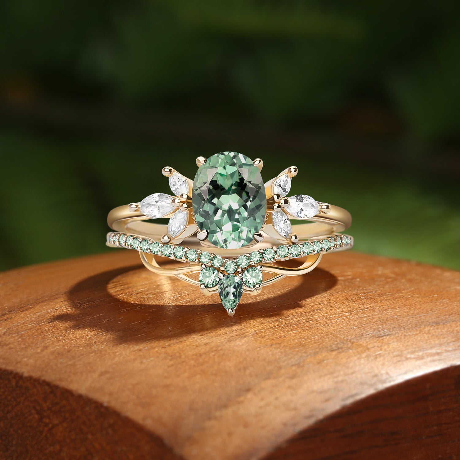 Abella - Oval Cut Mint Green Sapphire & Moissanite Classic Bridal Set 2pcs