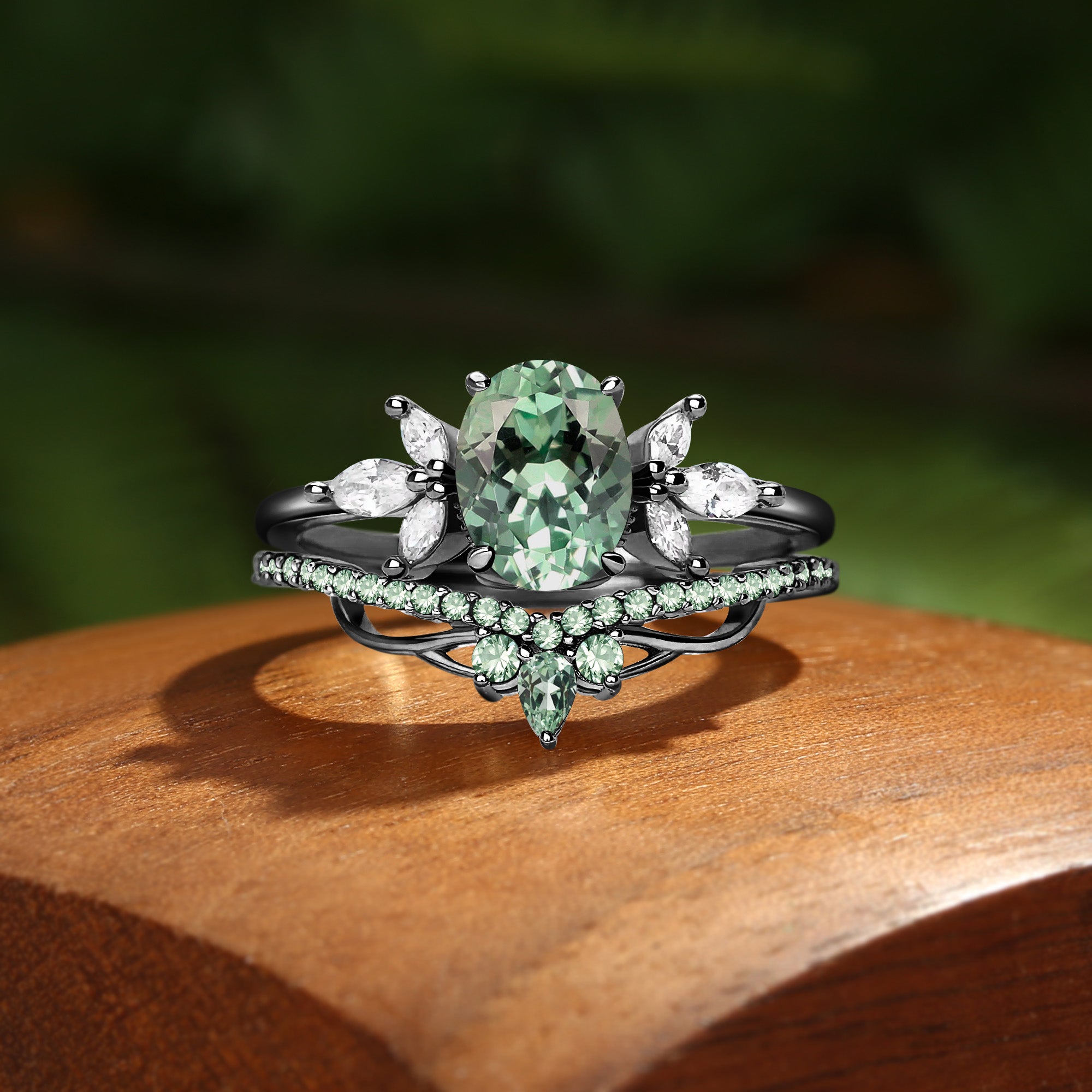 Abella - Oval Cut Mint Green Sapphire & Moissanite Classic Bridal Set 2pcs