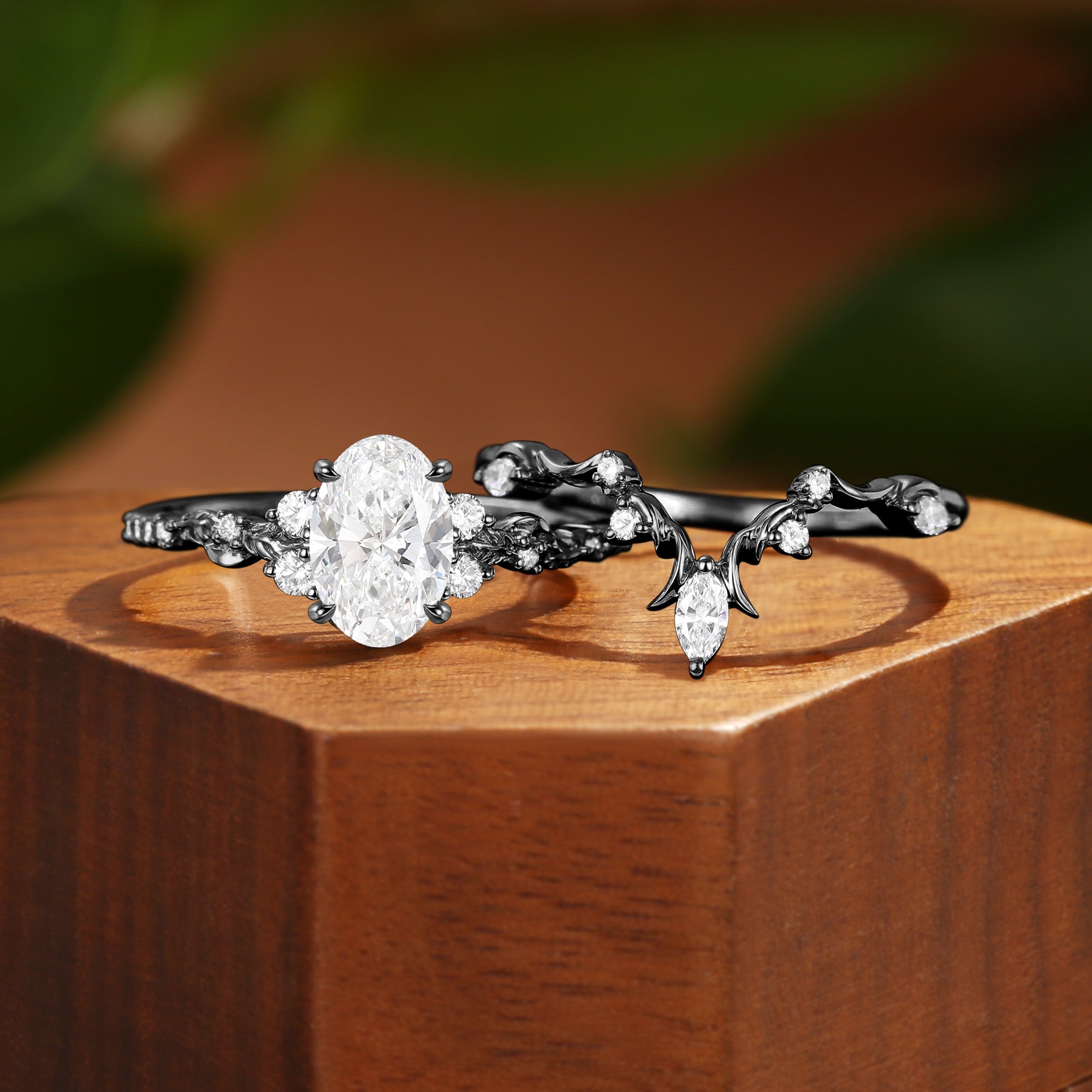 Bridget - Leafy Oval Cut Lab Grown Diamond Moon Engagement Ring Set 2pcs