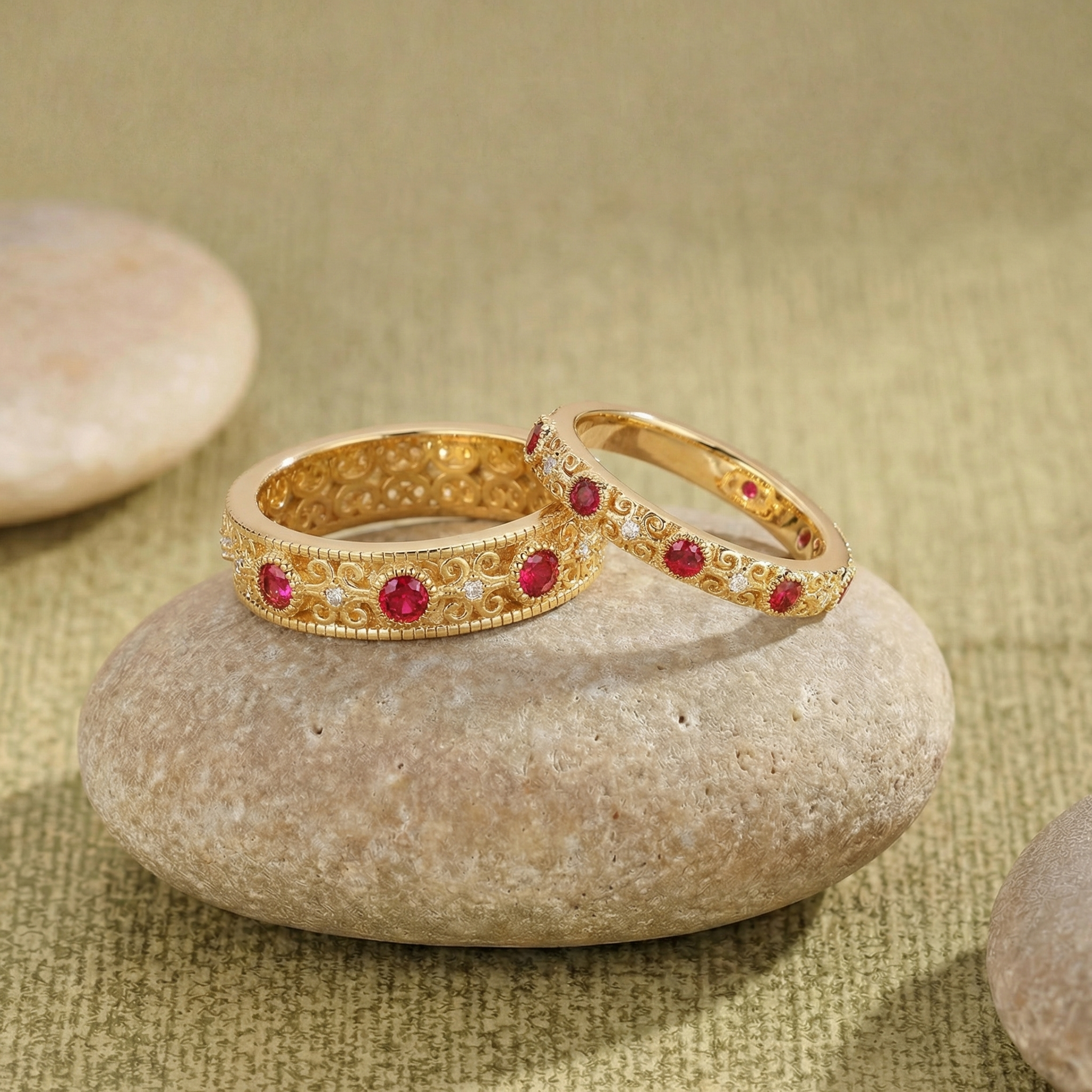Vintage Filigree Ruby Gold Couple Rings - Rowan