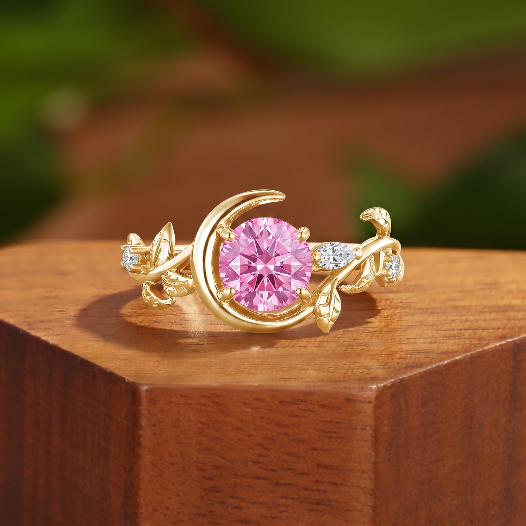 Unique Round Cut Lab Pink Sapphire Crescent Moon & Leaf Engagement Ring - Helene