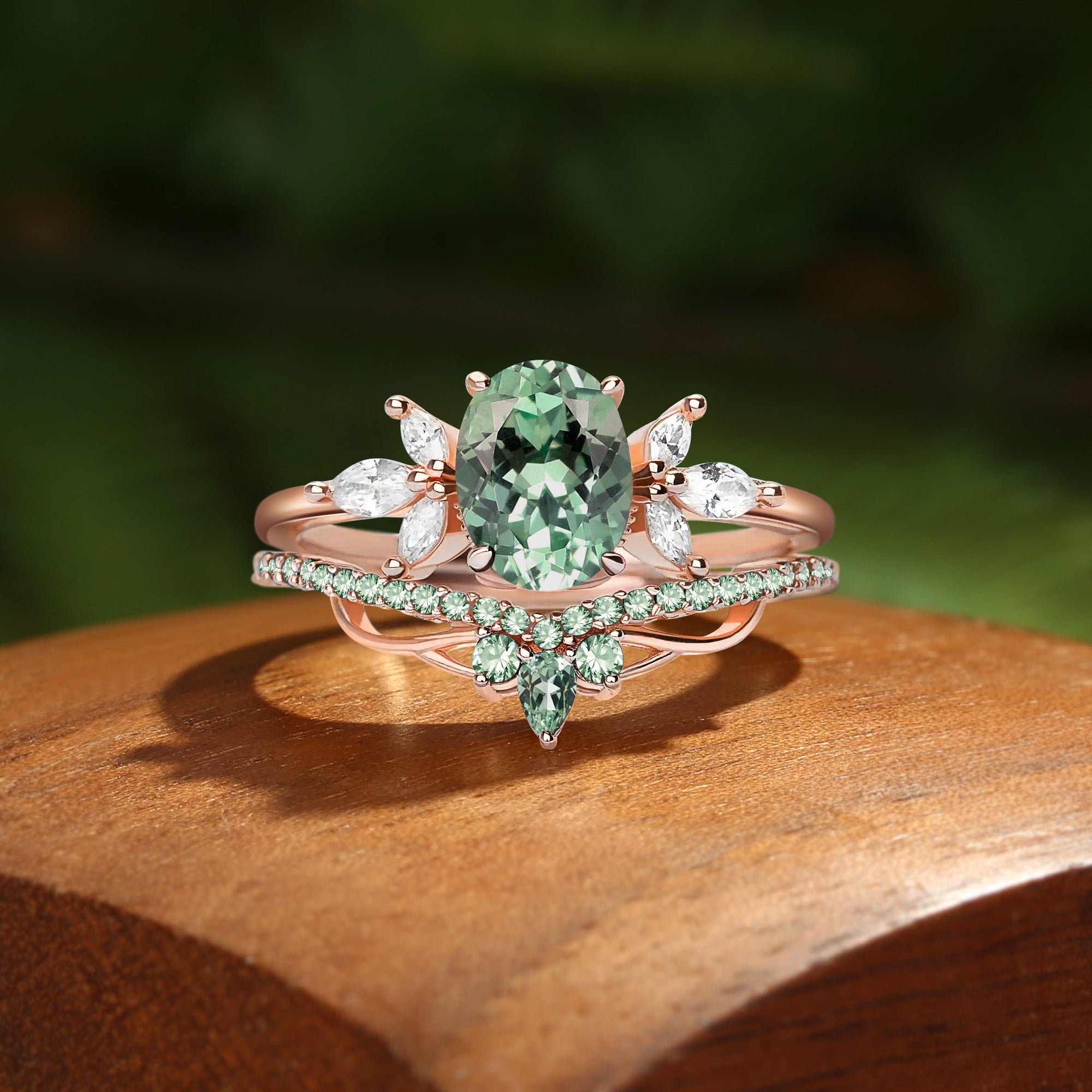 Abella - Oval Cut Mint Green Sapphire & Moissanite Classic Bridal Set 2pcs