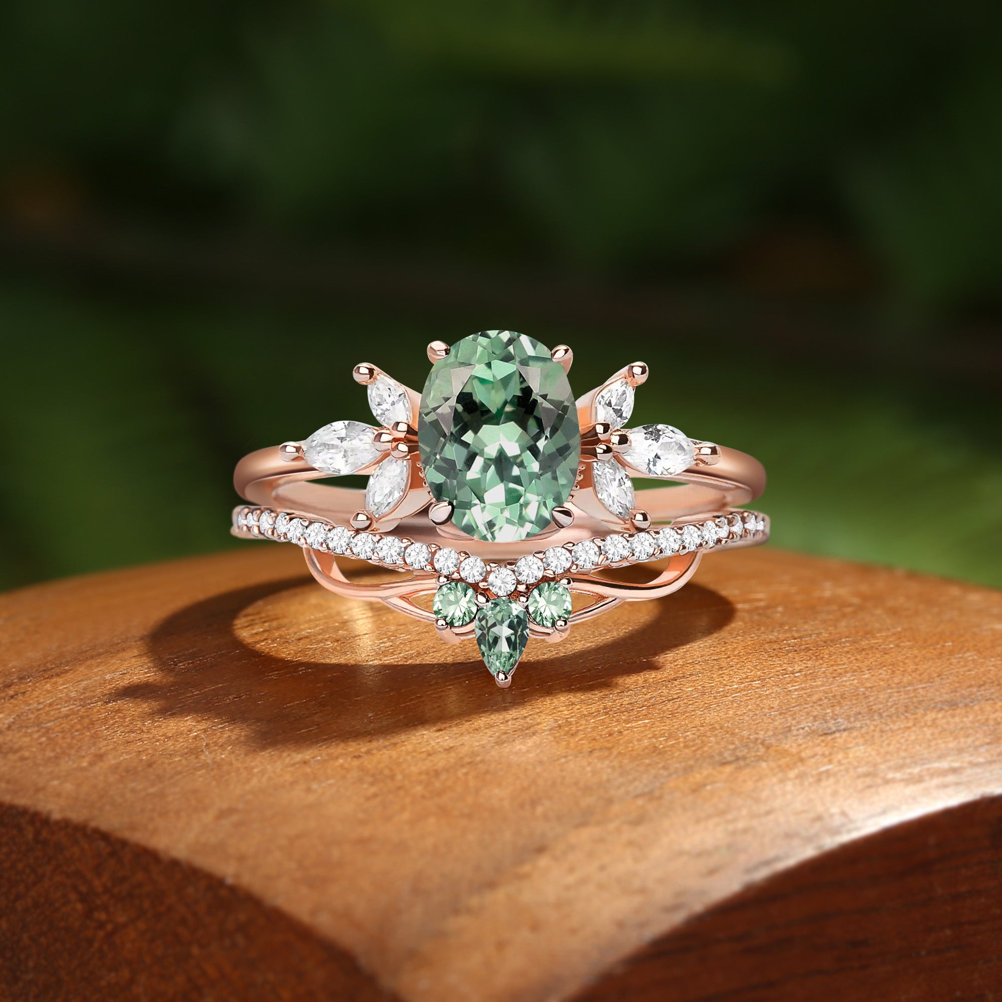 Abella - Oval Cut Mint Green Sapphire & Moissanite Classic Bridal Set 2pcs