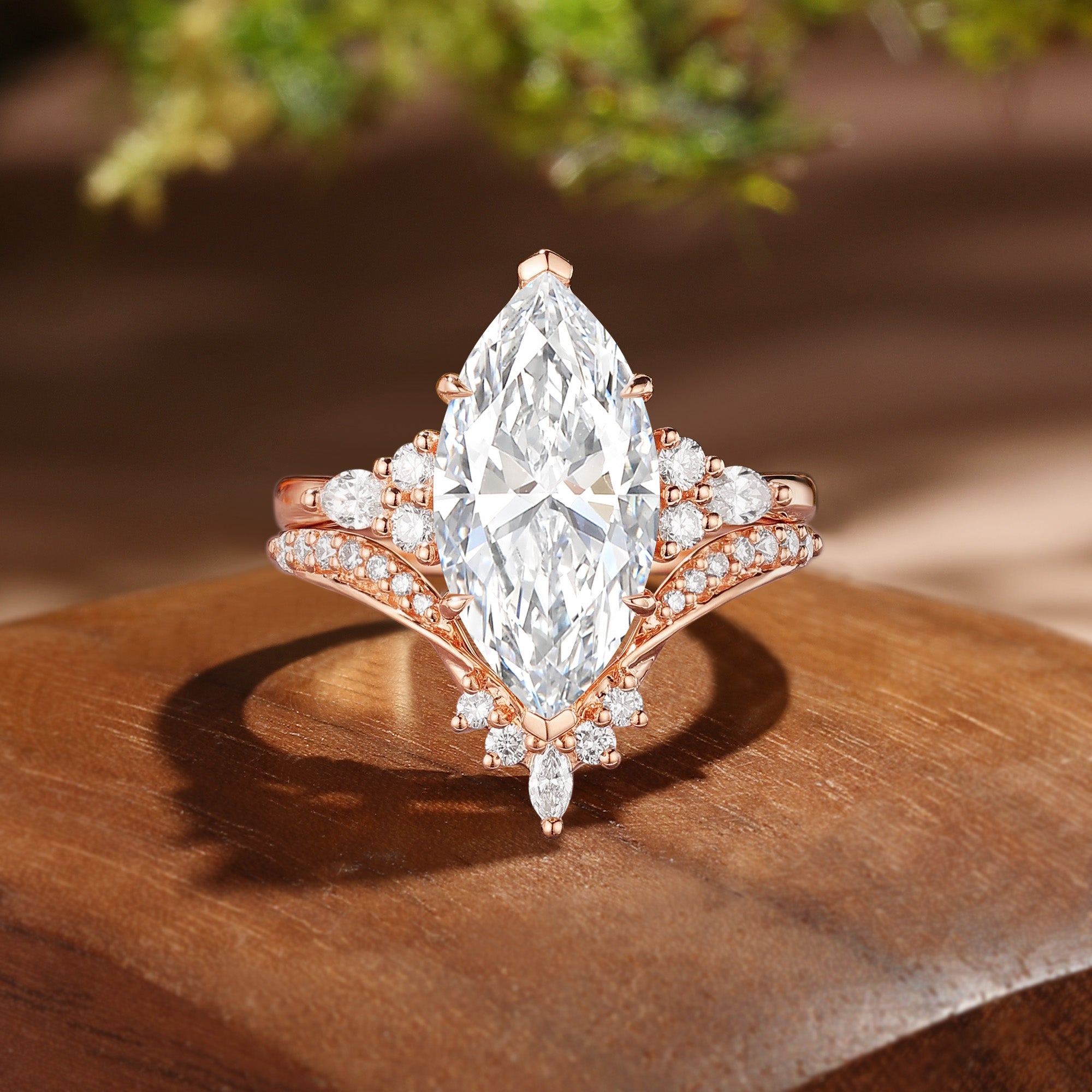 Elinor - Vintage Marquise Cut Lab Grown Diamond Classic Cluster Bridal Sets 2Pcs