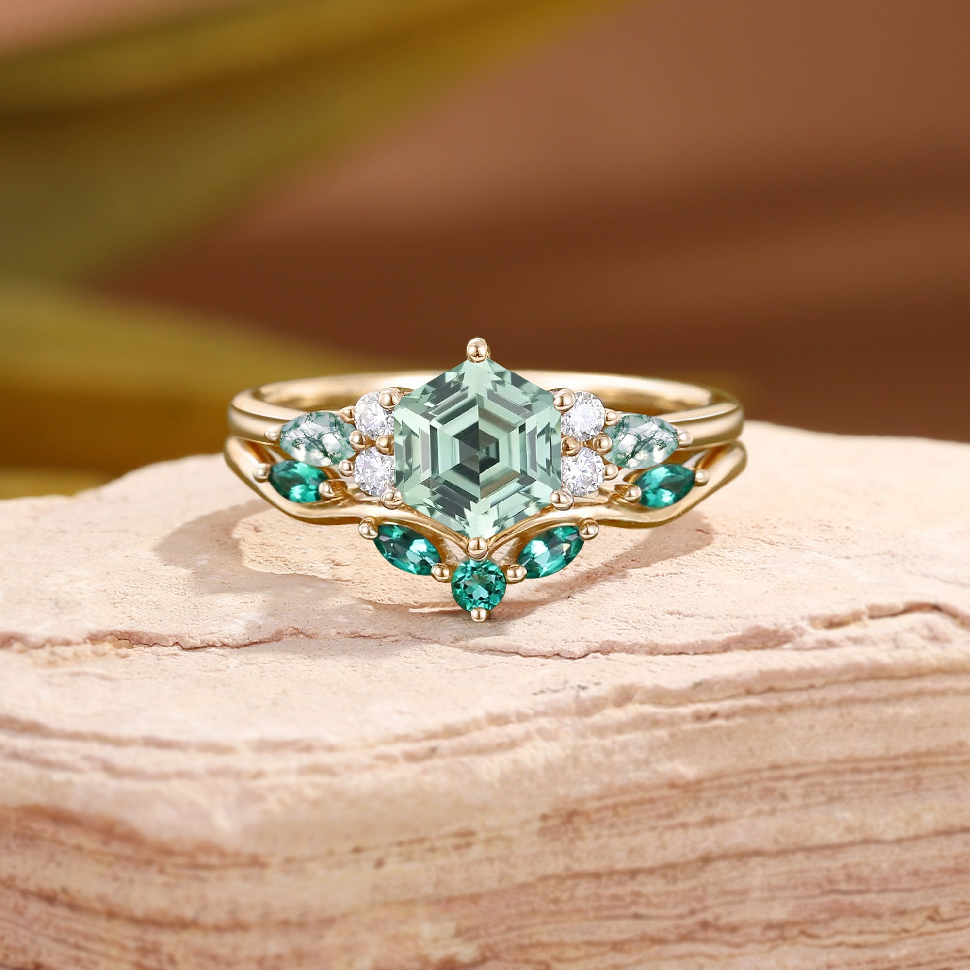 Grace - Unique Hexagon Cut Green Sapphire Yellow Gold Bridal Set 2pcs