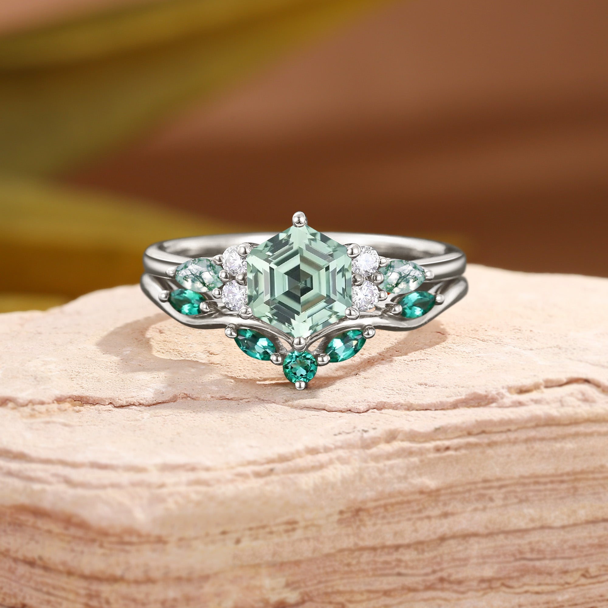 Grace - Unique Hexagon Cut Green Sapphire Yellow Gold Bridal Set 2pcs