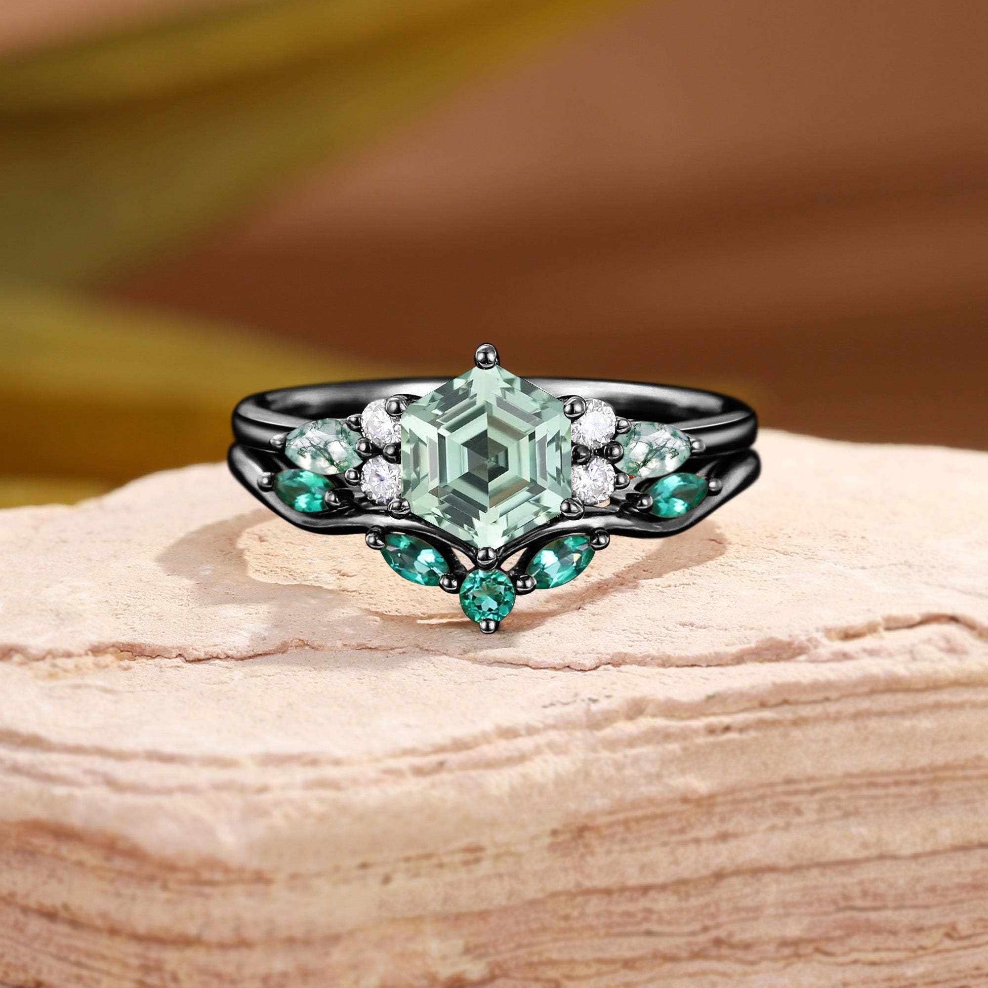 Grace - Unique Hexagon Cut Green Sapphire Yellow Gold Bridal Set 2pcs