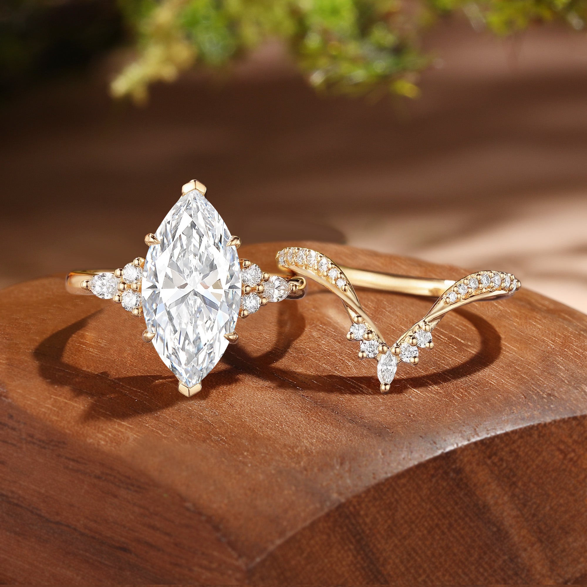 Elinor - Vintage Marquise Cut Lab Grown Diamond Classic Cluster Bridal Sets 2Pcs