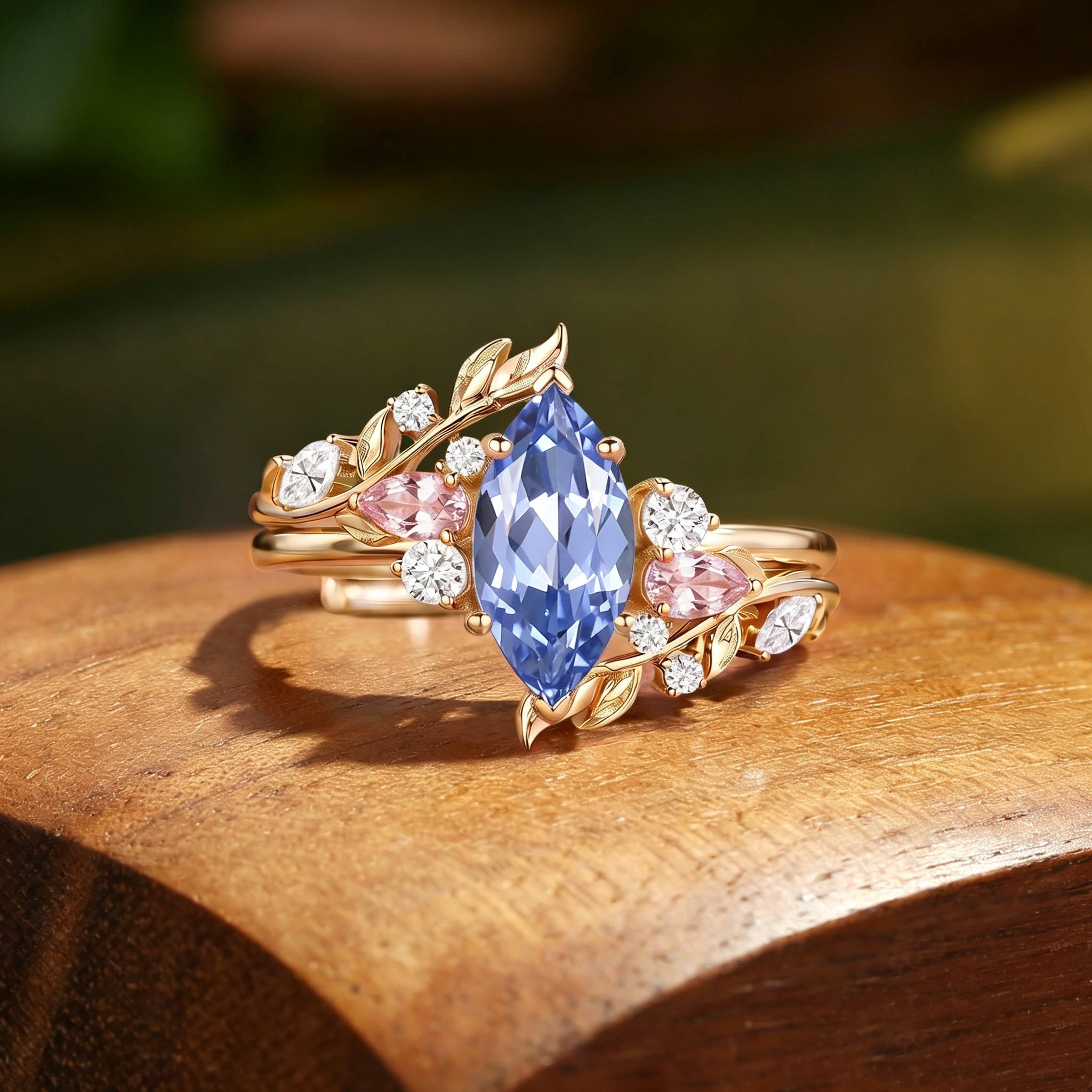 Abrielle - Marquise Cut Cornflower Sapphire Vine Leaf Bridal Set 2PCS