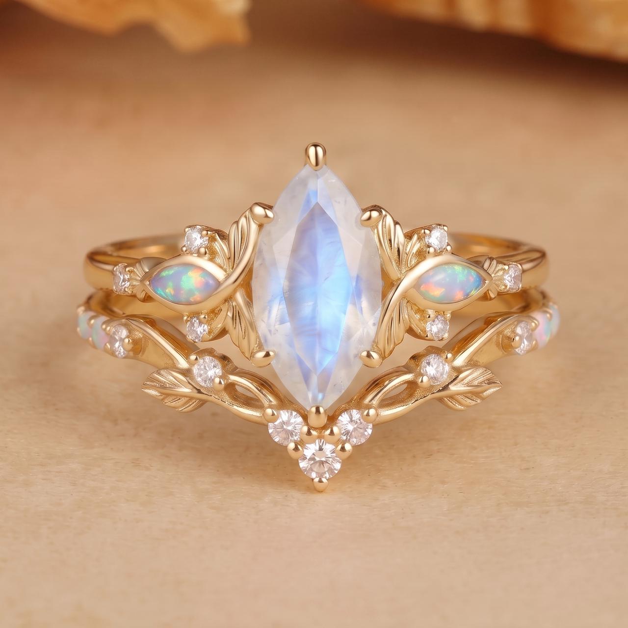 Forest Fairy Marquise Cut Moonstone Twist Lefay Bridal Ring Set 2pcs - Letitia