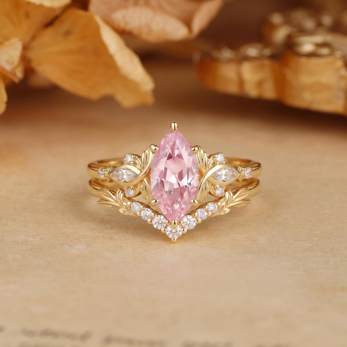 Forest Fairy Marquise Cut Pink Sapphire Butterfly Inspired Bridal Set 2pcs - Letitia