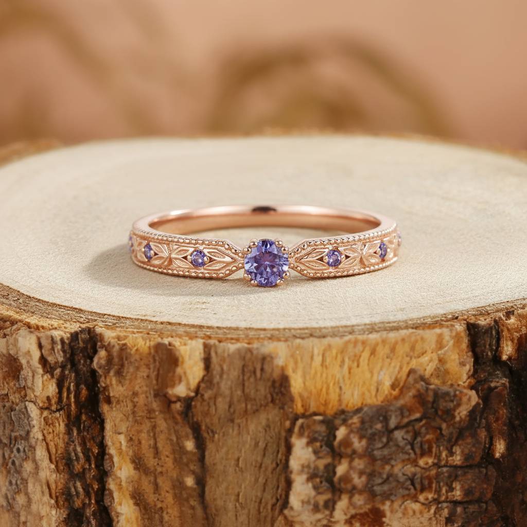 Vintage Alexandrite Leaf Wedding Band Women