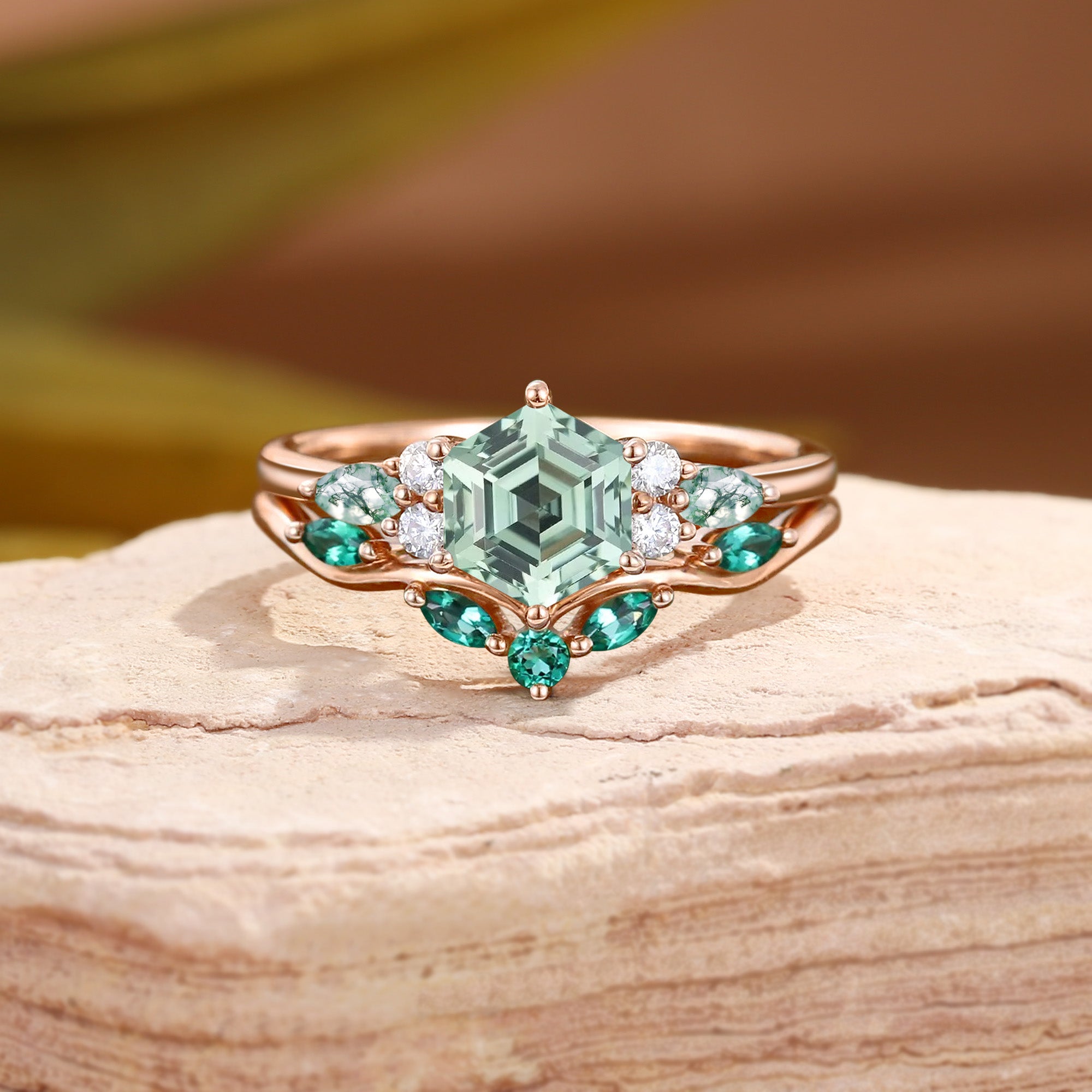 Grace - Unique Hexagon Cut Green Sapphire Yellow Gold Bridal Set 2pcs