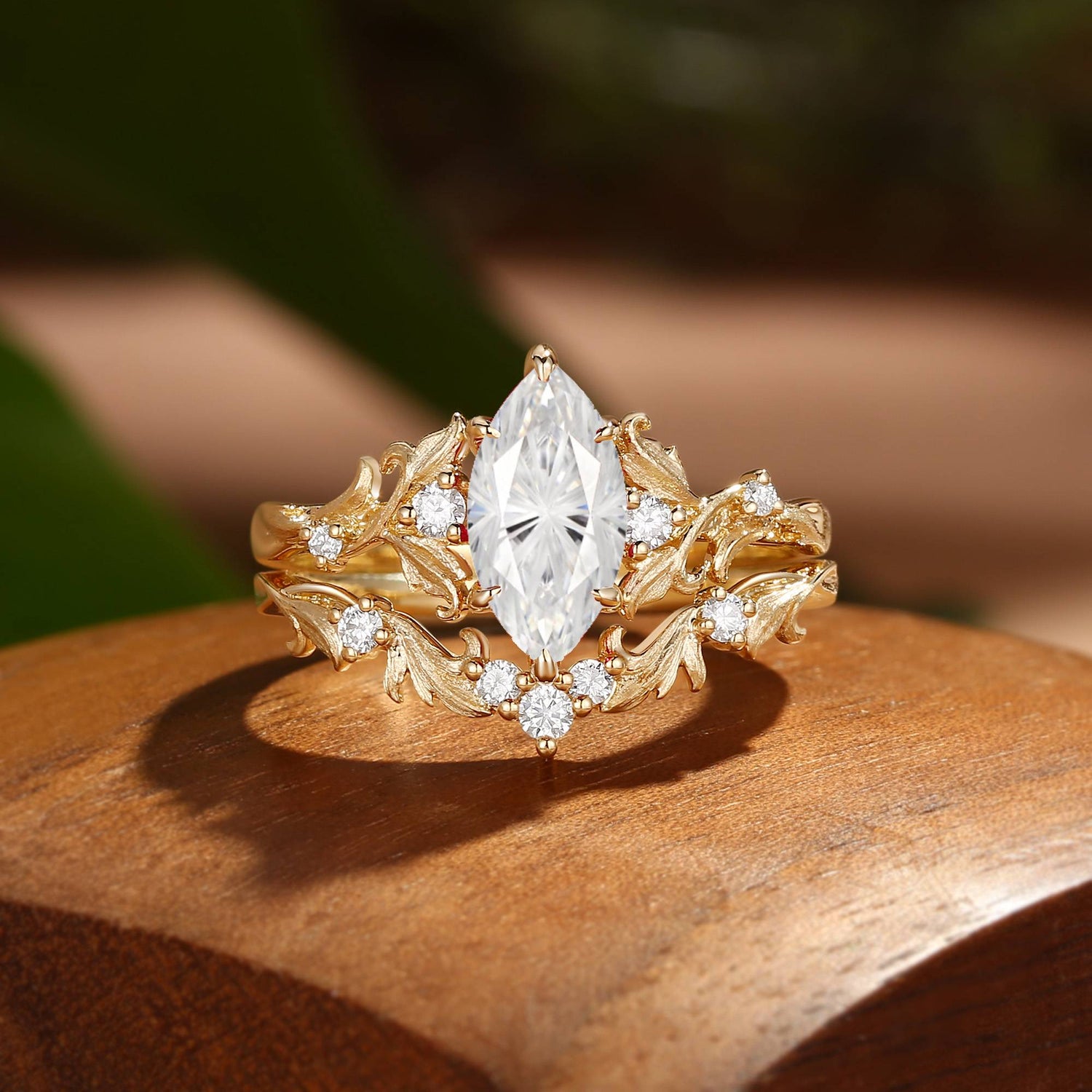 Firework Marquise Cut Moissanite Acanthus Inspired Art Deco Bridal Set 2pcs - Rosa