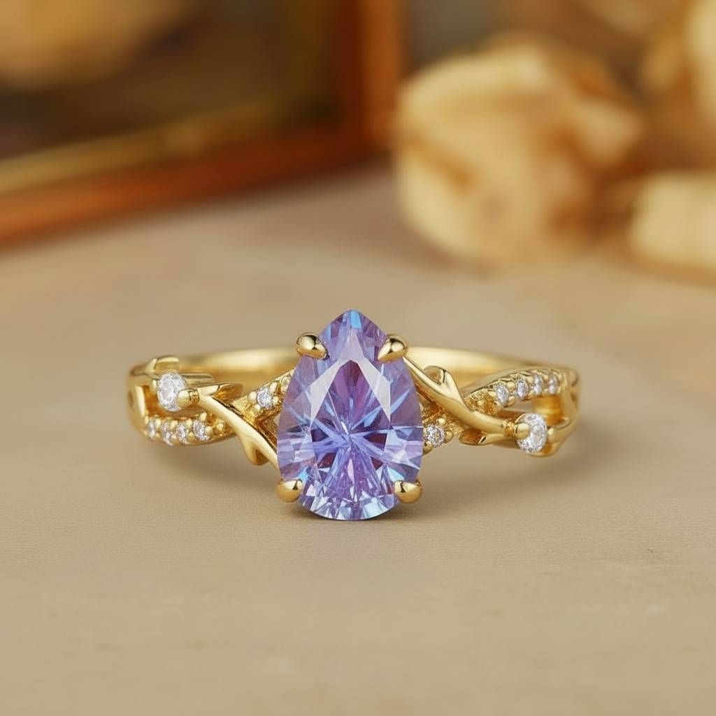 Liana - Twist Leaf Nature Inspired Pear Firework Cut Alexandrite Engagement Ring