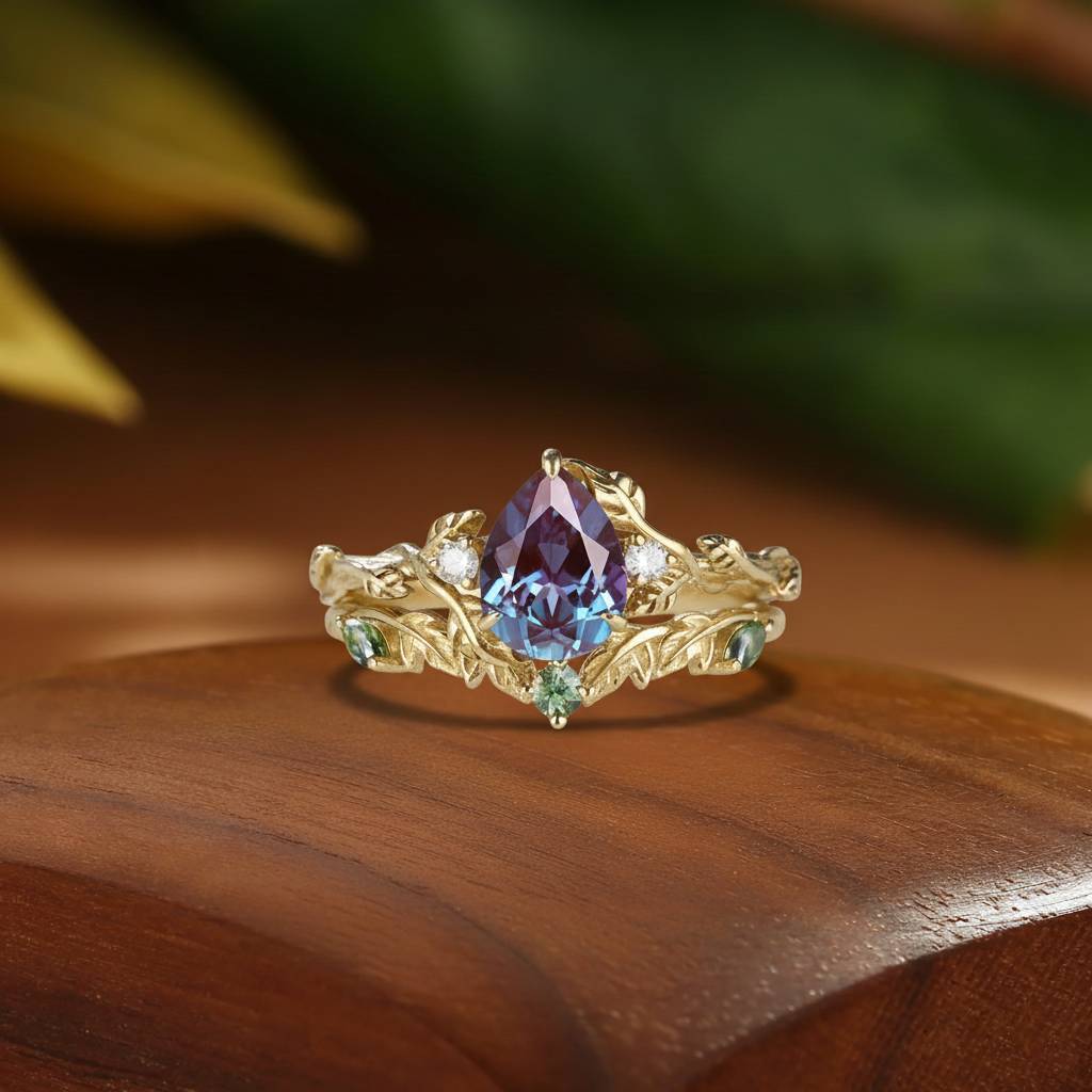 Sage - Vintage Pear Cut Alexandrite Leaf Floral Engagement Ring Set 2pcs