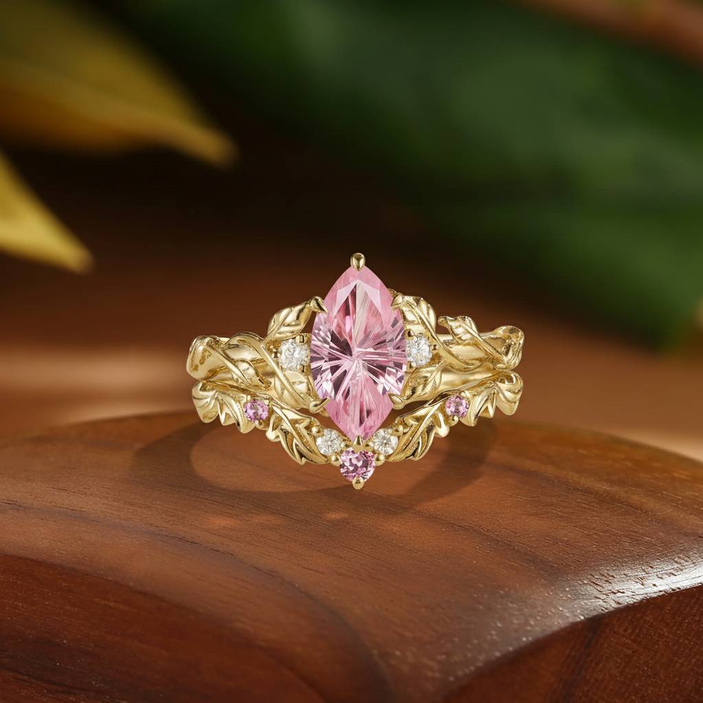 Eden - Vintage Firework Pink Sapphire Marquise Cut Engagement Ring Set