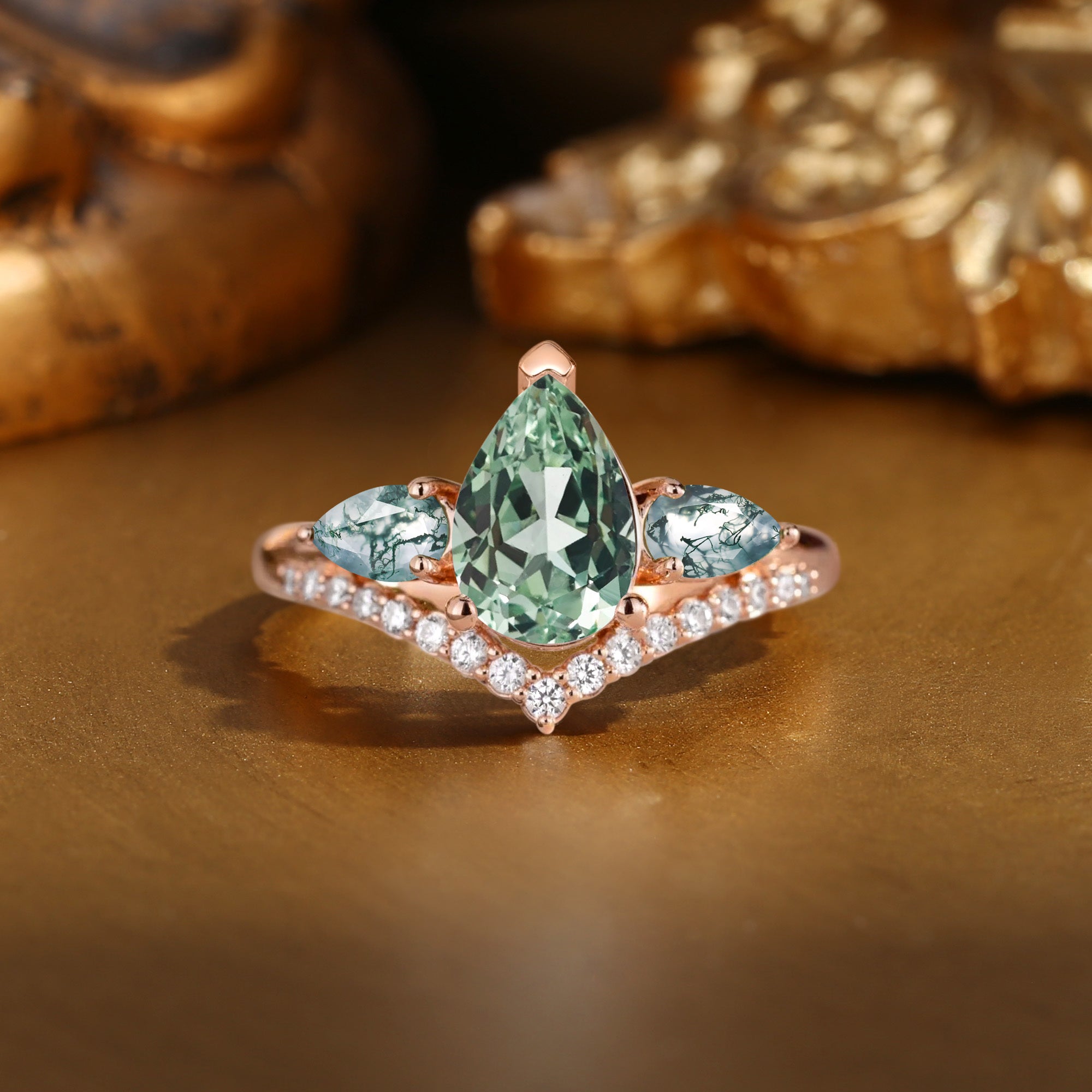 Elaia - Three Stone Pear Cut Green Sapphire Cluster Bridal Set 2pcs