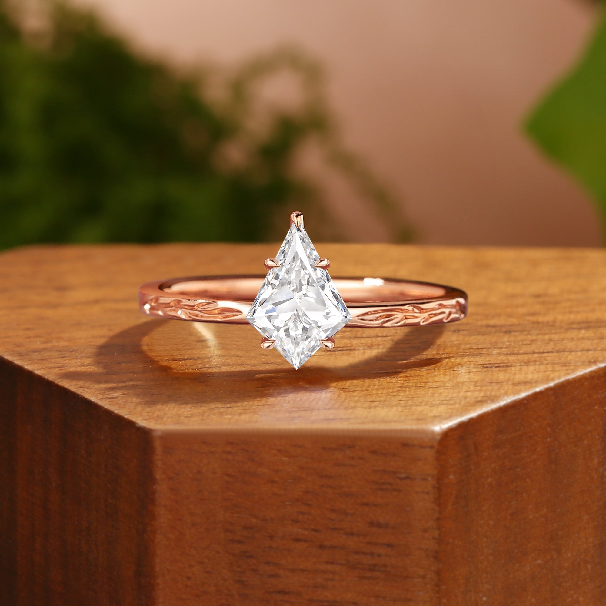 Klara - Engraved Leaf Inspired Kite Cut Lab Grown Diamond Engagement Ring