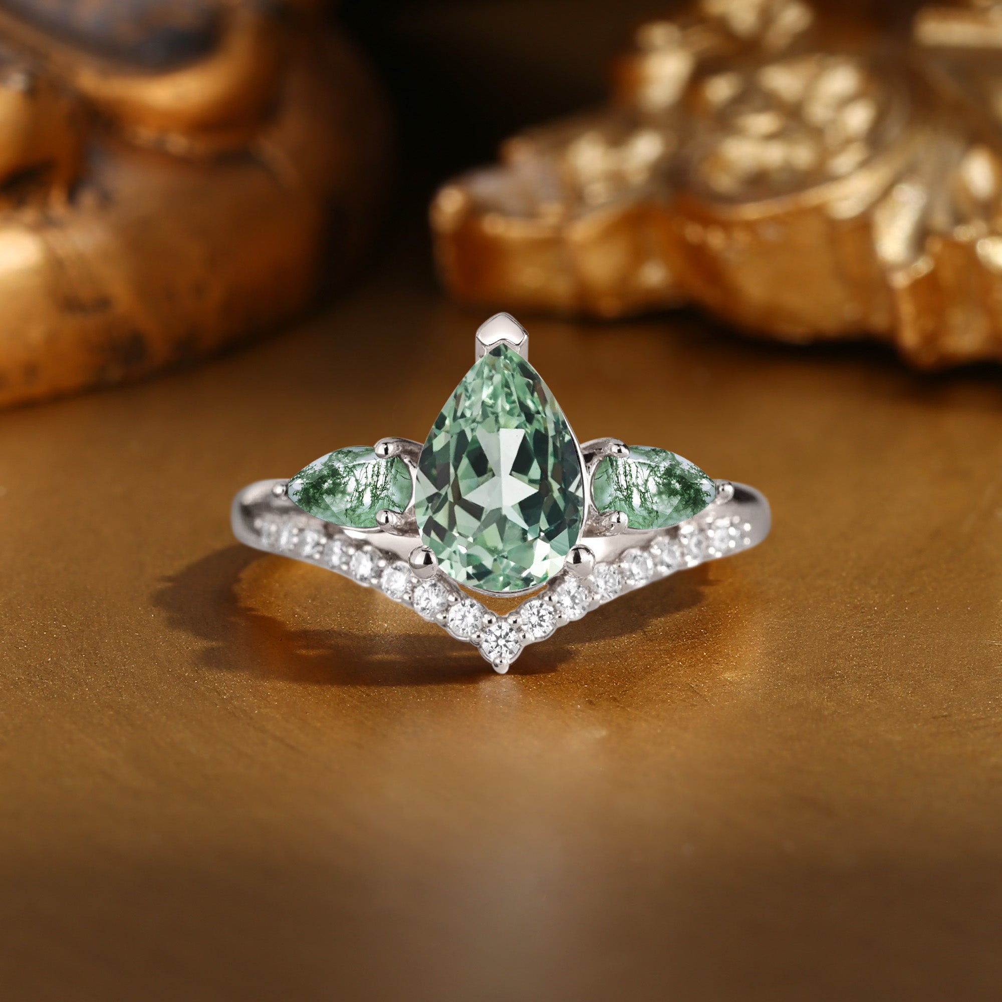 Elaia - Three Stone Pear Cut Green Sapphire Cluster Bridal Set 2pcs