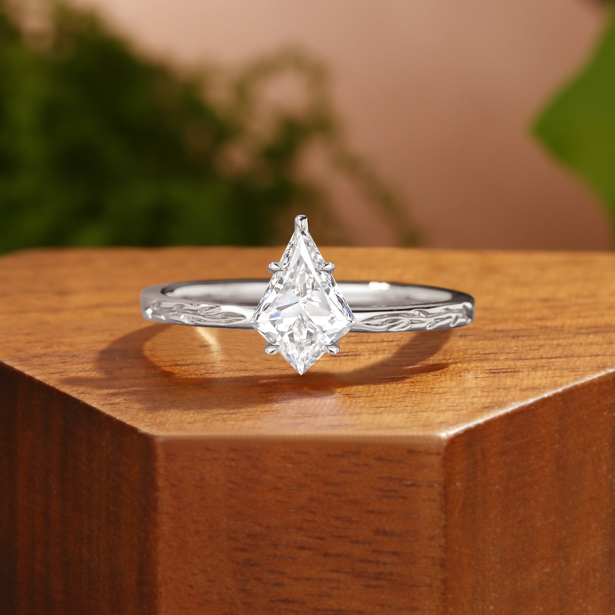 Klara - Engraved Leaf Inspired Kite Cut Lab Grown Diamond Engagement Ring