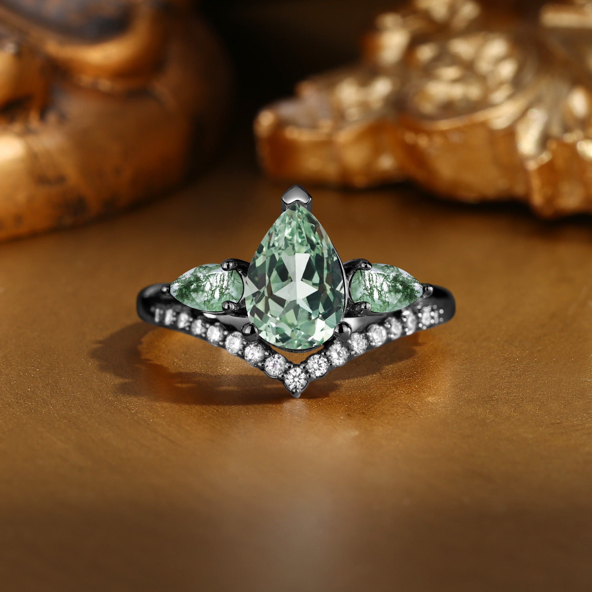 Elaia - Three Stone Pear Cut Green Sapphire Cluster Bridal Set 2pcs