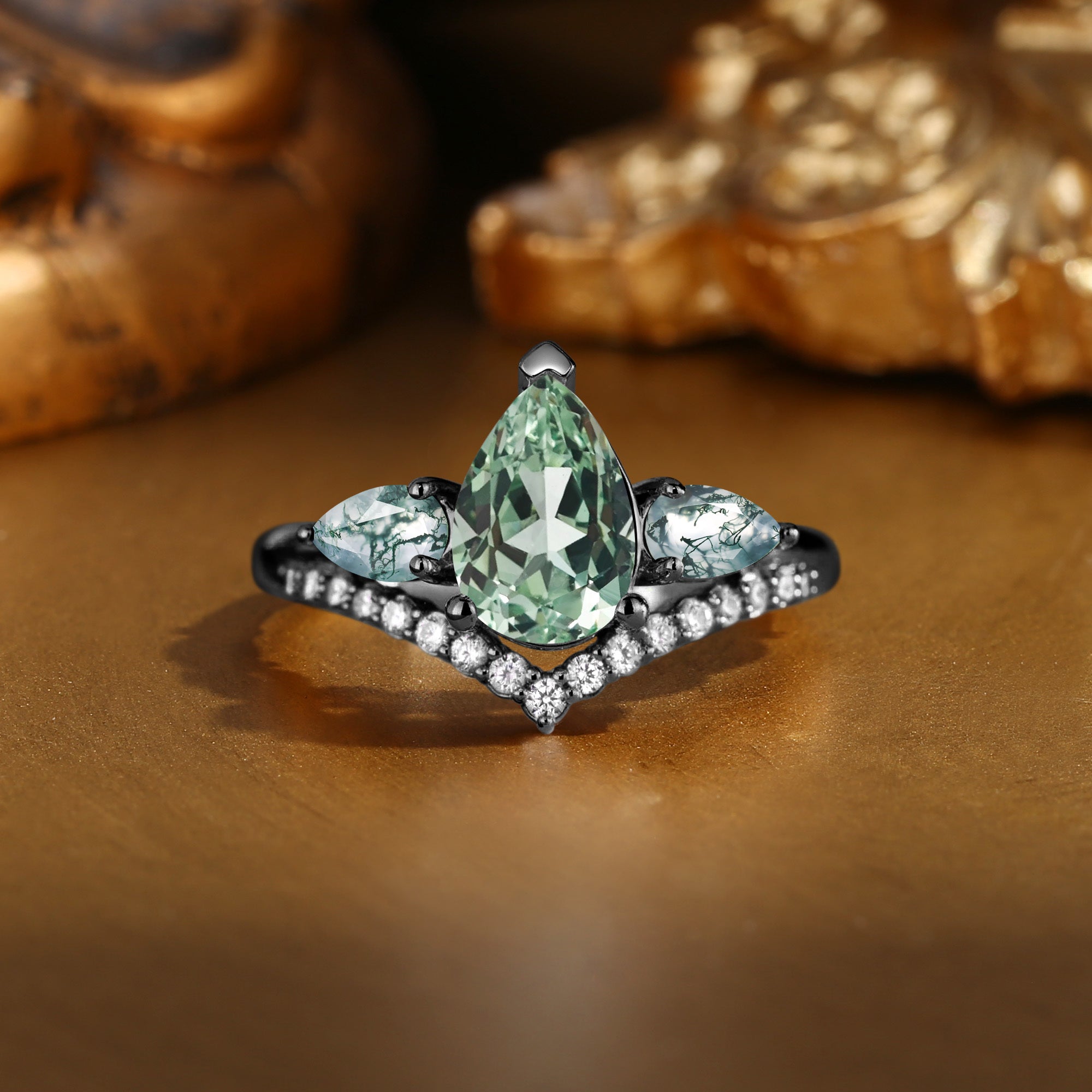 Elaia - Three Stone Pear Cut Green Sapphire Cluster Bridal Set 2pcs