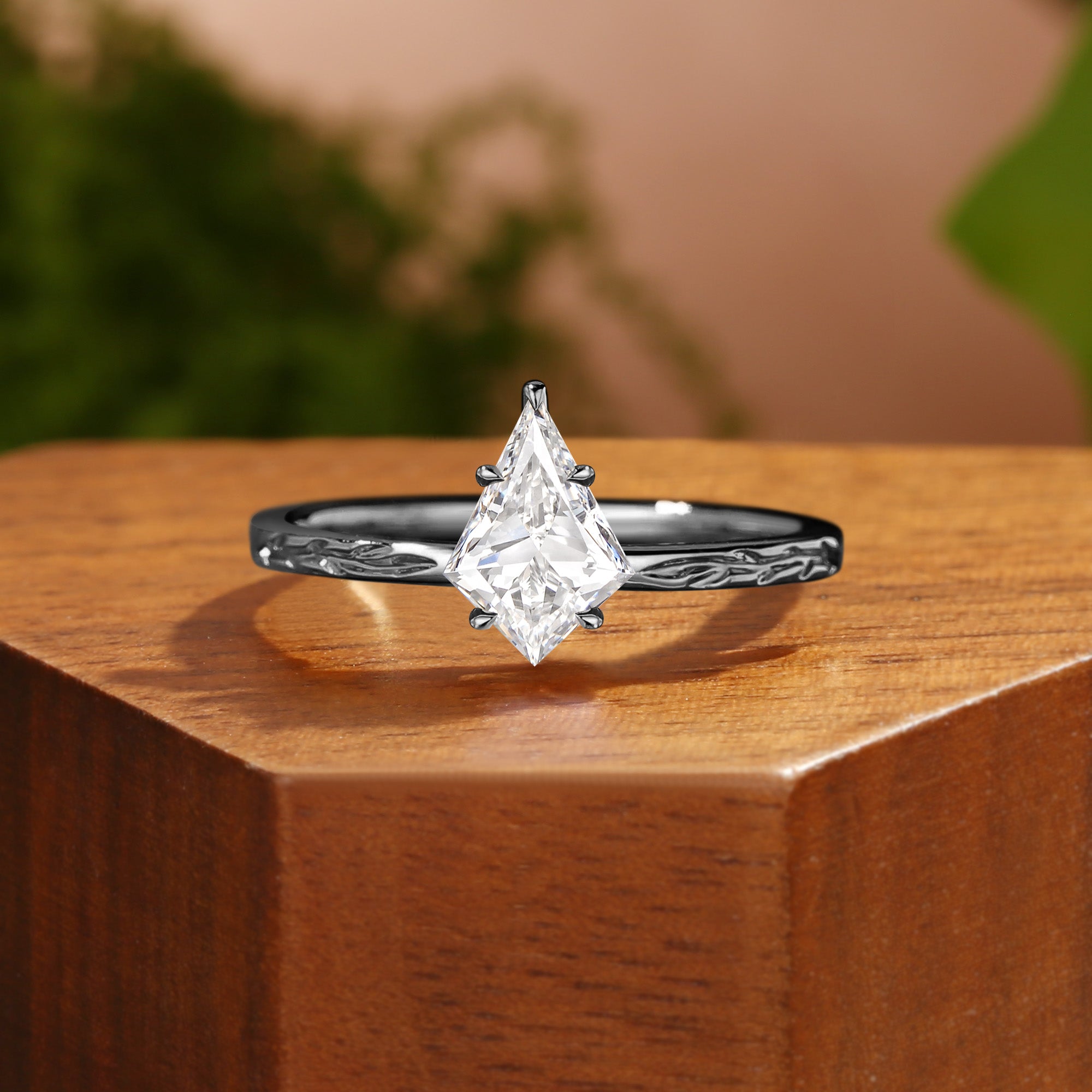 Klara - Engraved Leaf Inspired Kite Cut Lab Grown Diamond Engagement Ring