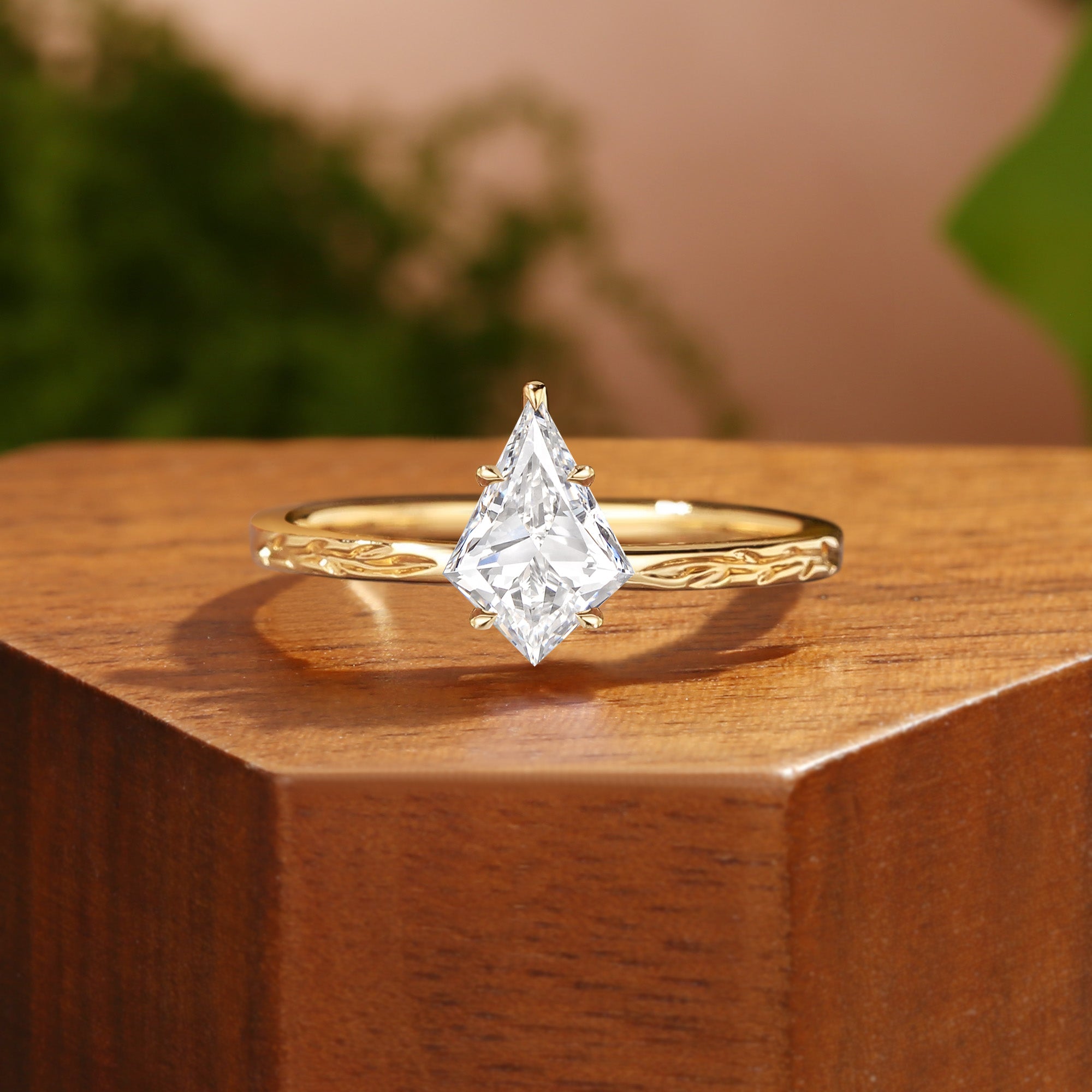 Klara - Engraved Leaf Inspired Kite Cut Lab Grown Diamond Engagement Ring