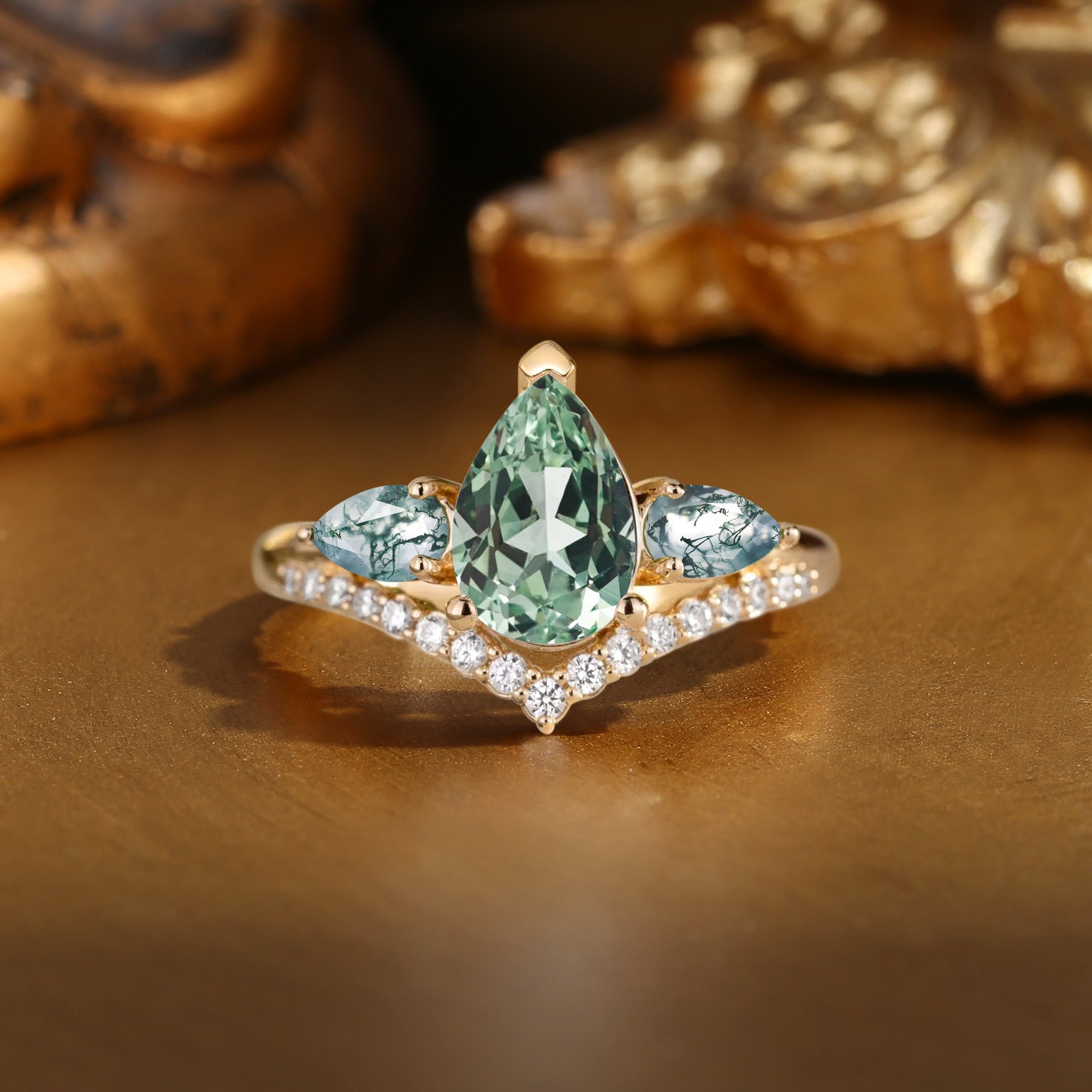 Elaia - Three Stone Pear Cut Green Sapphire Cluster Bridal Set 2pcs